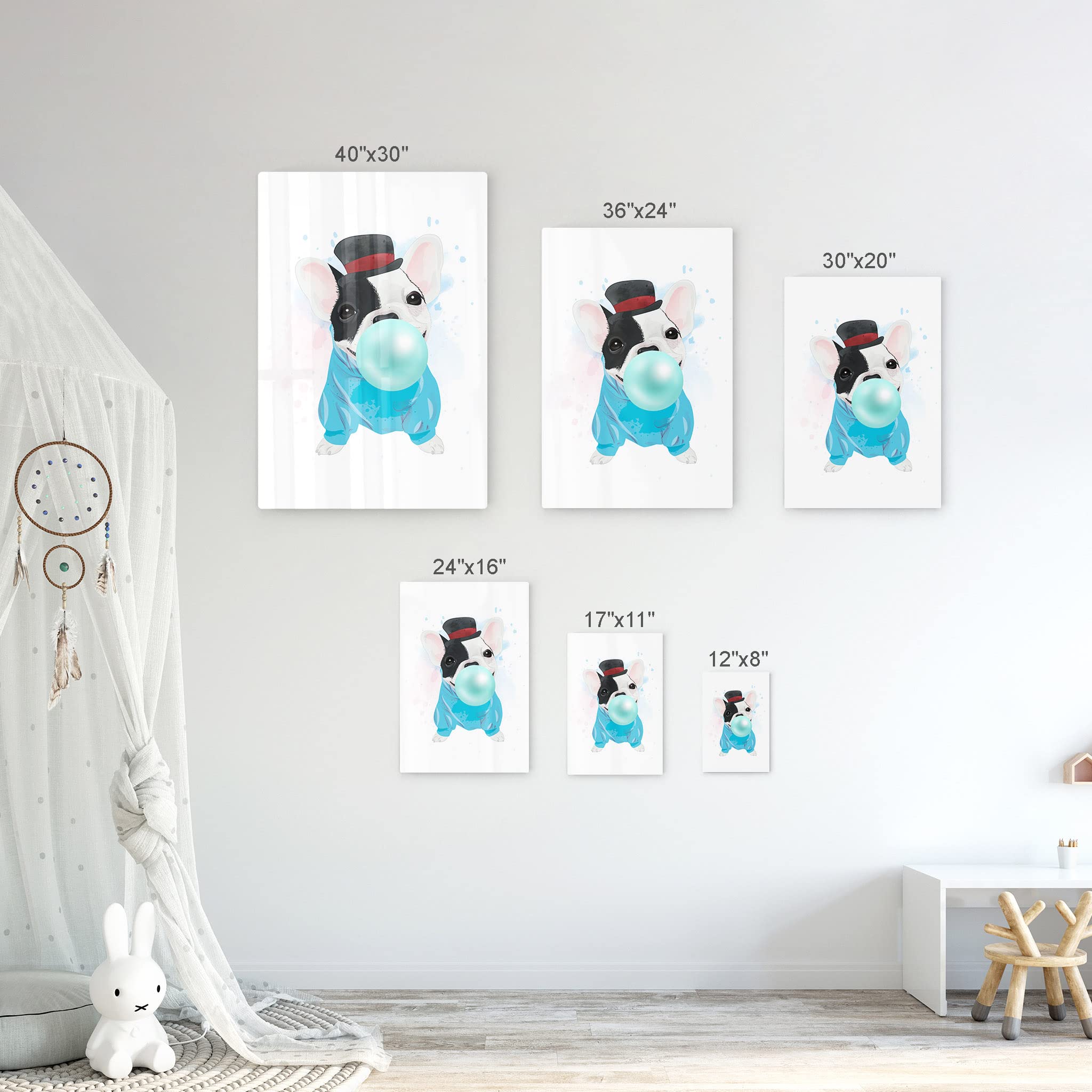 French Bulldog Portrait Sweatshirt & Hat Chewing Teal Blue Bubble Gum - Pet Lover Gift, Metal Wall Art Print for Dog Owners - Animal Themed Living Room, Bedroom, Nursery Decor (12x8) - Perfect for Home Decor, Pet Lover Presents, and Kids Room Wall Art