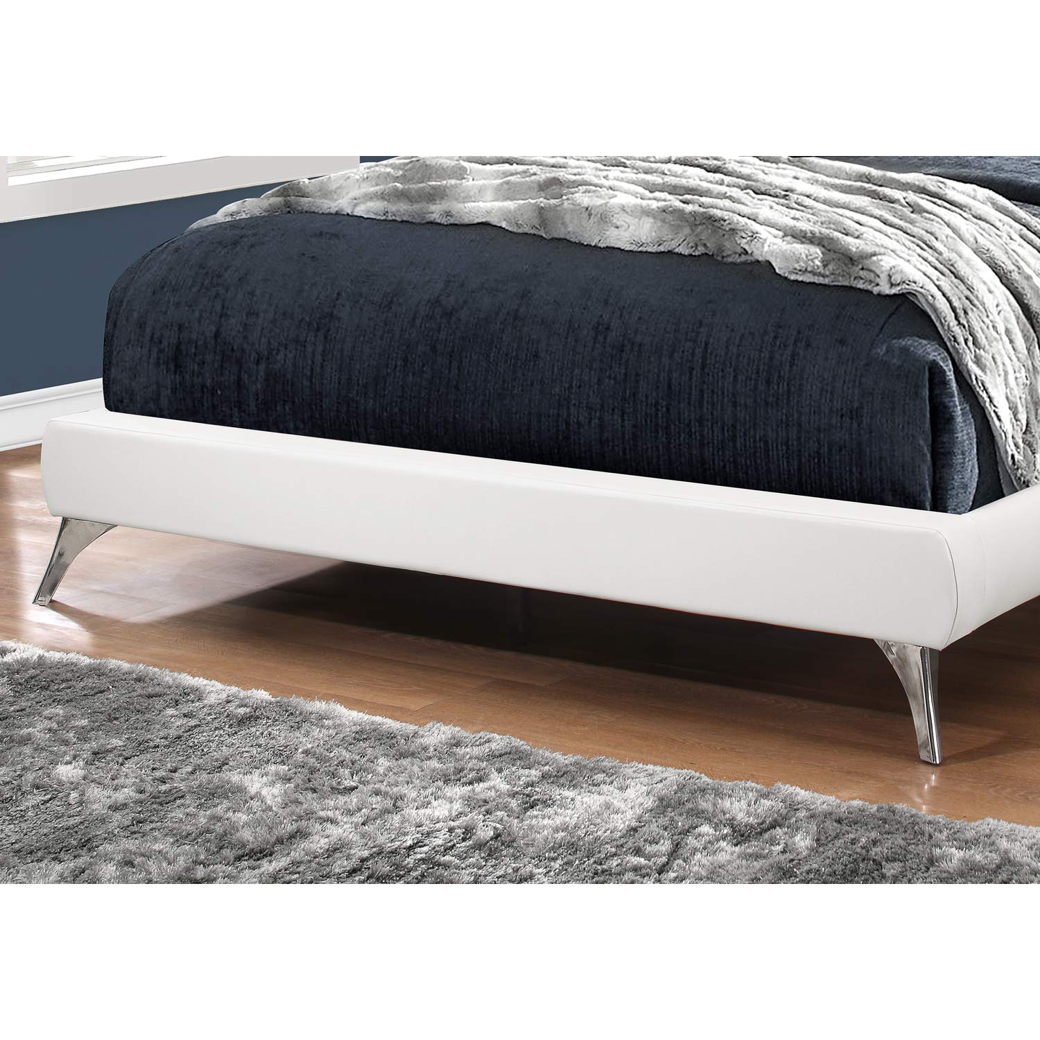 Monarch Specialties Queen Size White Leather-Look Bed Frame with Brown Wood Legs - Perfect for Modern Bedroom & Guest Room Decor