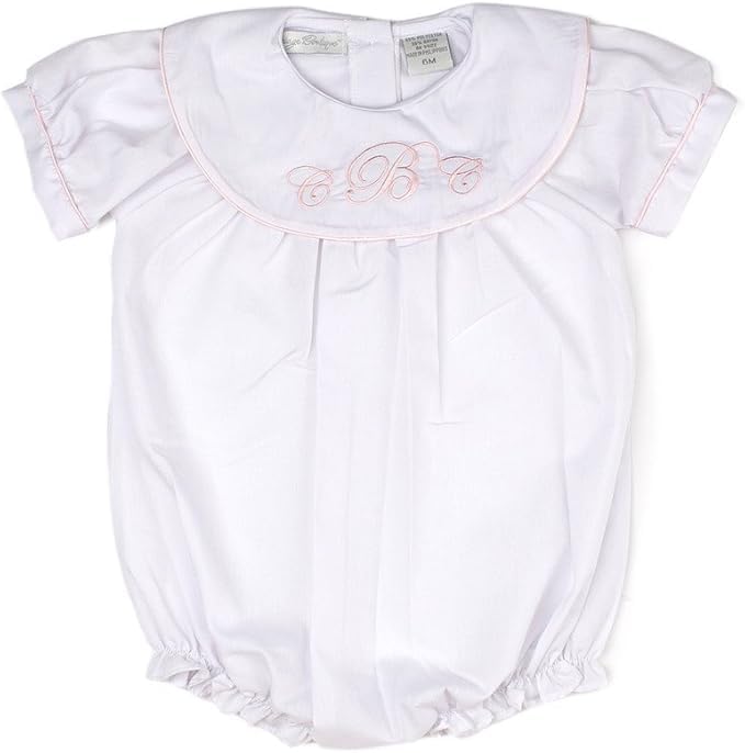 Custom Monogram Baby Girl Bubble Romper with Elegant Collar - Personalized Embroidery Outfit for Newborns, Christening & Photo Shoots