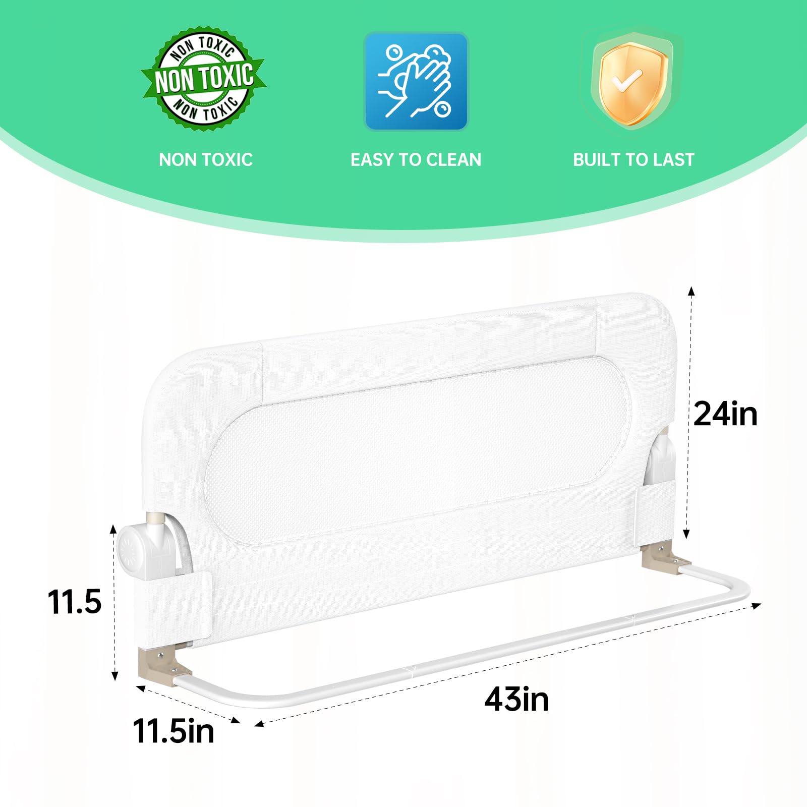 **Foldable Toddler Bed Rail - Safety Baby Bed Guard with Reinforced Anchor System - Fits Twin, Full, Queen & King Beds (White, 43