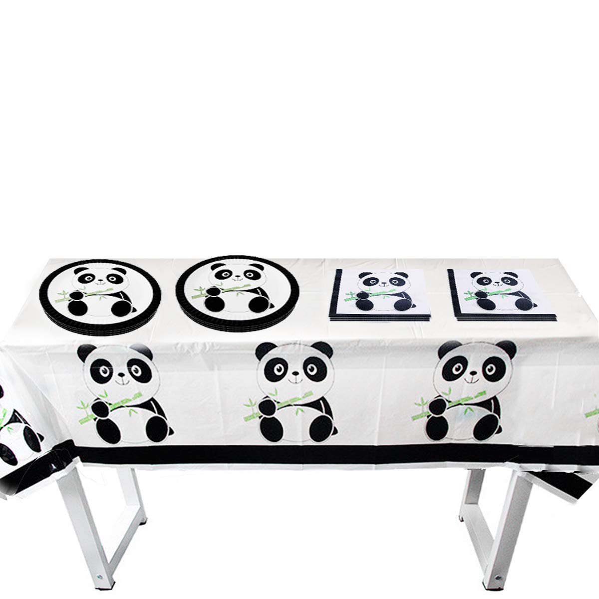 Panda Themed Party Supplies Set - 20 Plates, 20 Napkins & 1 Tablecloth for Birthday, Baby Shower & Kids Celebration Decorations