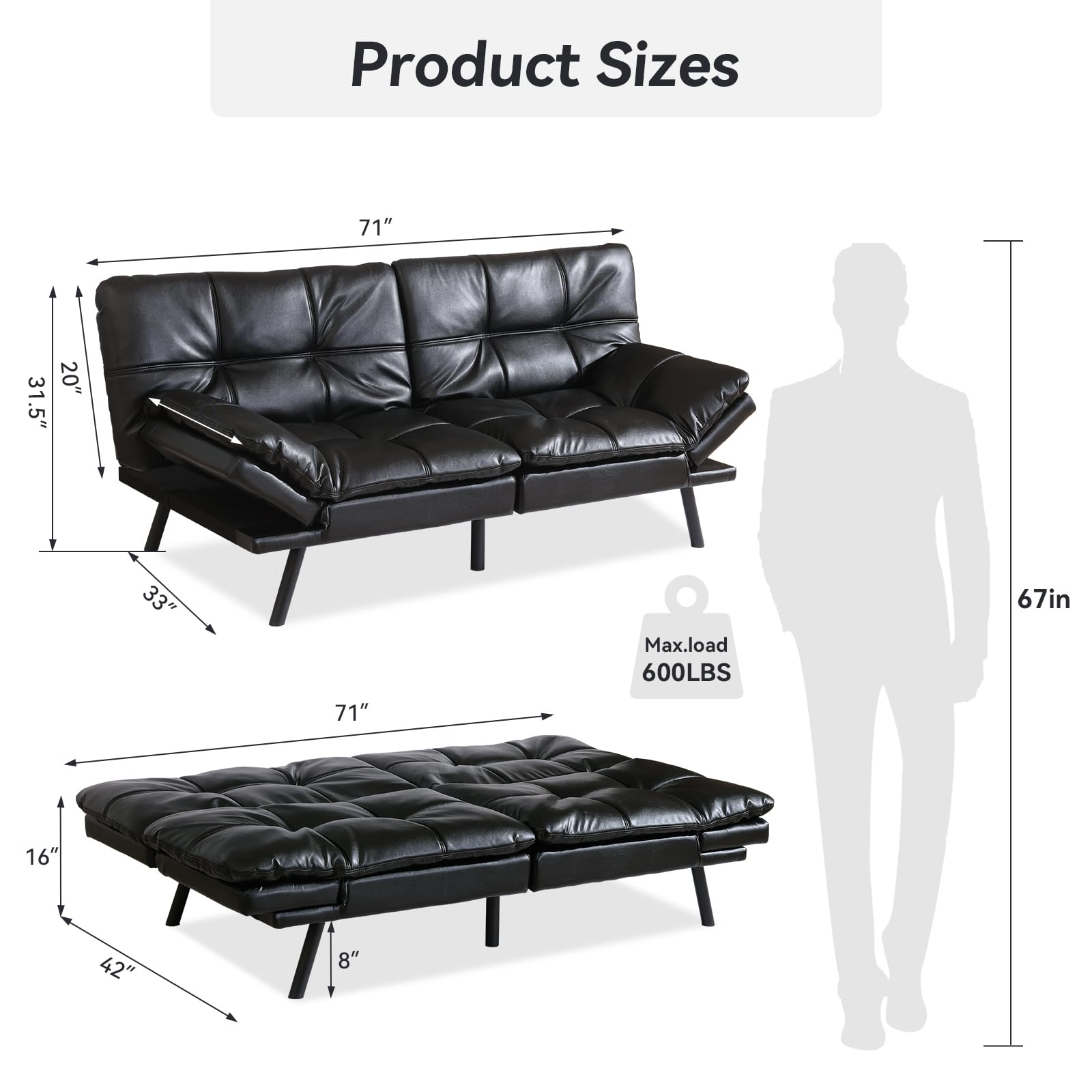 Hcore Convertible Futon Sofa Bed with Memory Foam - Modern Faux Leather Loveseat Sleeper for Living Room, Office & Apartment - Dark Black (SF-267) | Perfect for Small Spaces, Guest Rooms & Studio Apartments