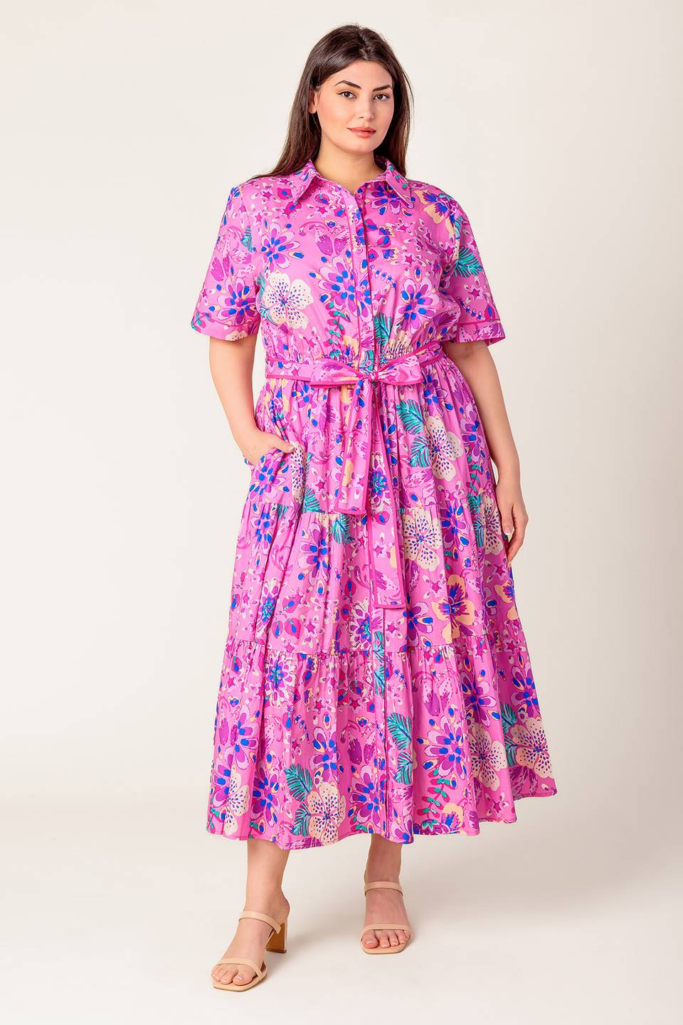 Pink & Purple Floral Midi Dress for Women - Elegant Petal Press Design - Perfect for Spring, Summer, Weddings & Special Occasions