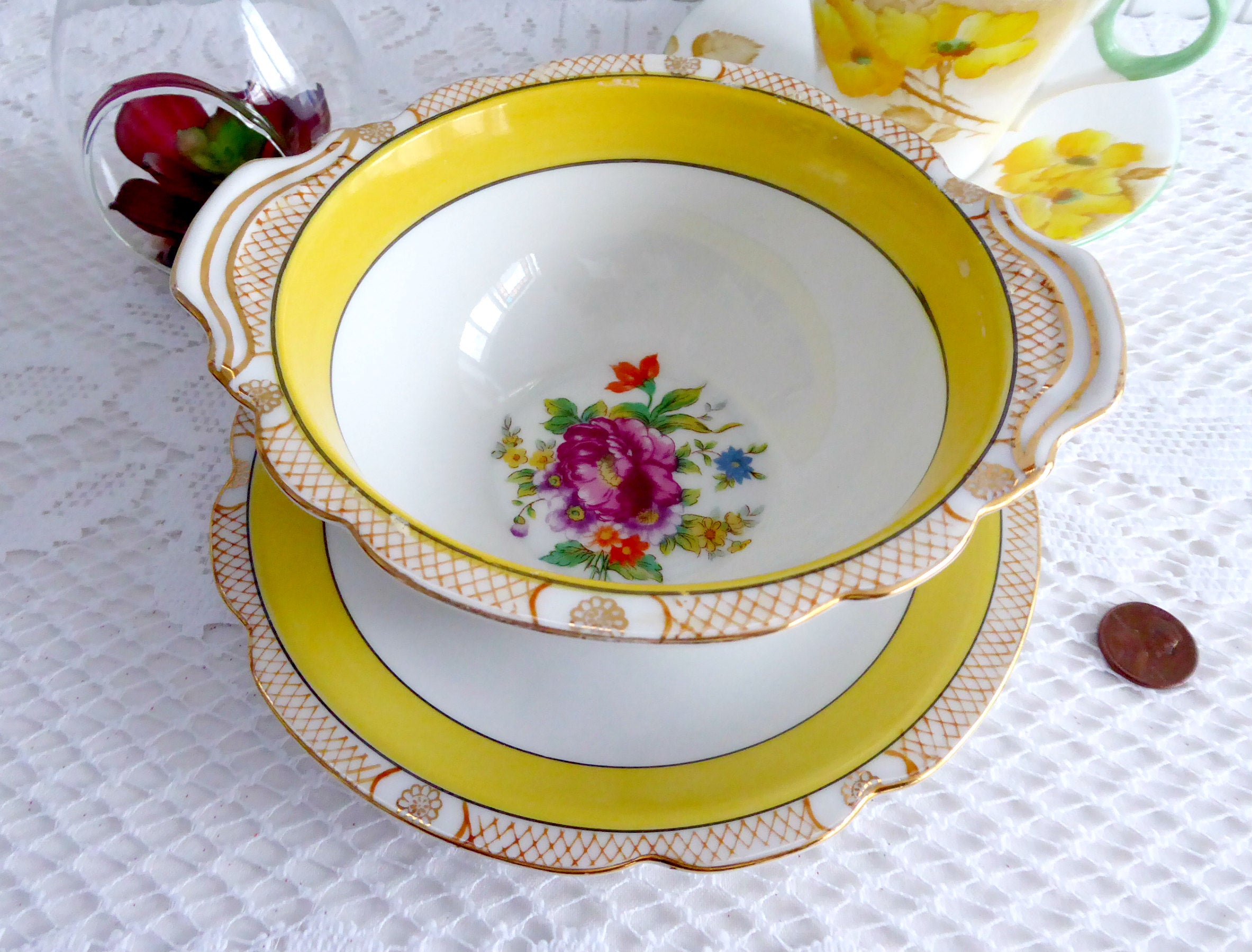 Noritake Mayonnaise Bowl and Plate Set - Vintage Yellow Floral Design with 1918 Bouquet Pattern | Perfect for Sauces, Dips, and Elegant Table Settings