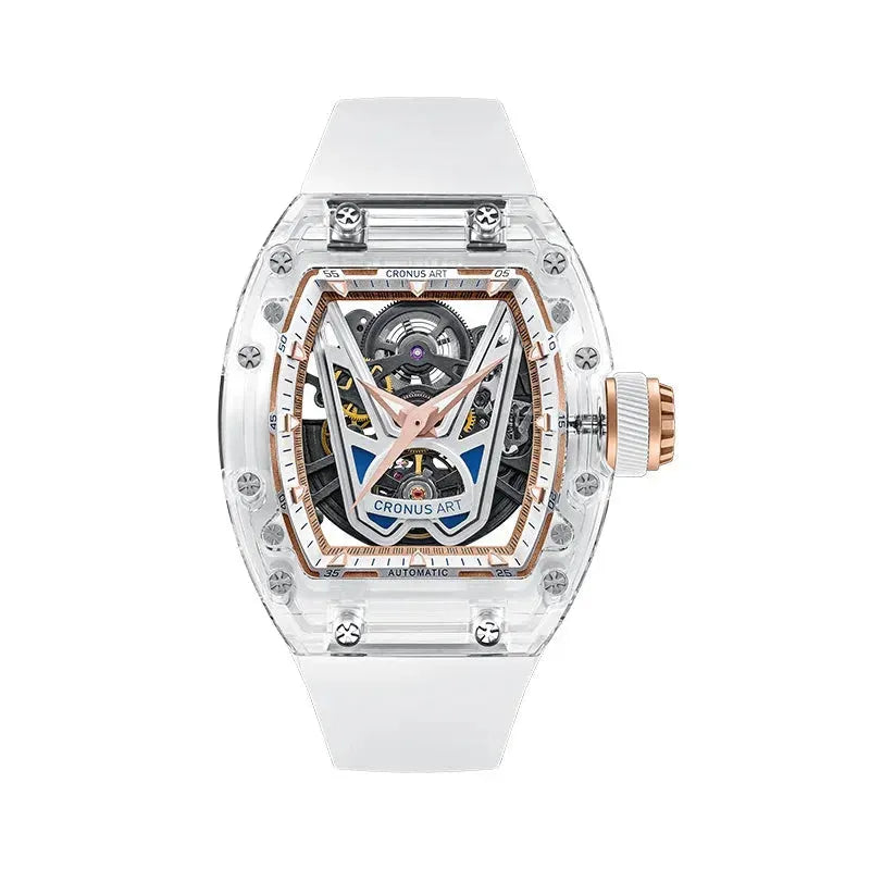 CRONUSART Men's Luxury Automatic Skeleton Watch - 50mm Tonneau Case, Luminous Dial, Fluororubber Strap - Mechanical Wristwatch for Business, Formal & Casual Wear