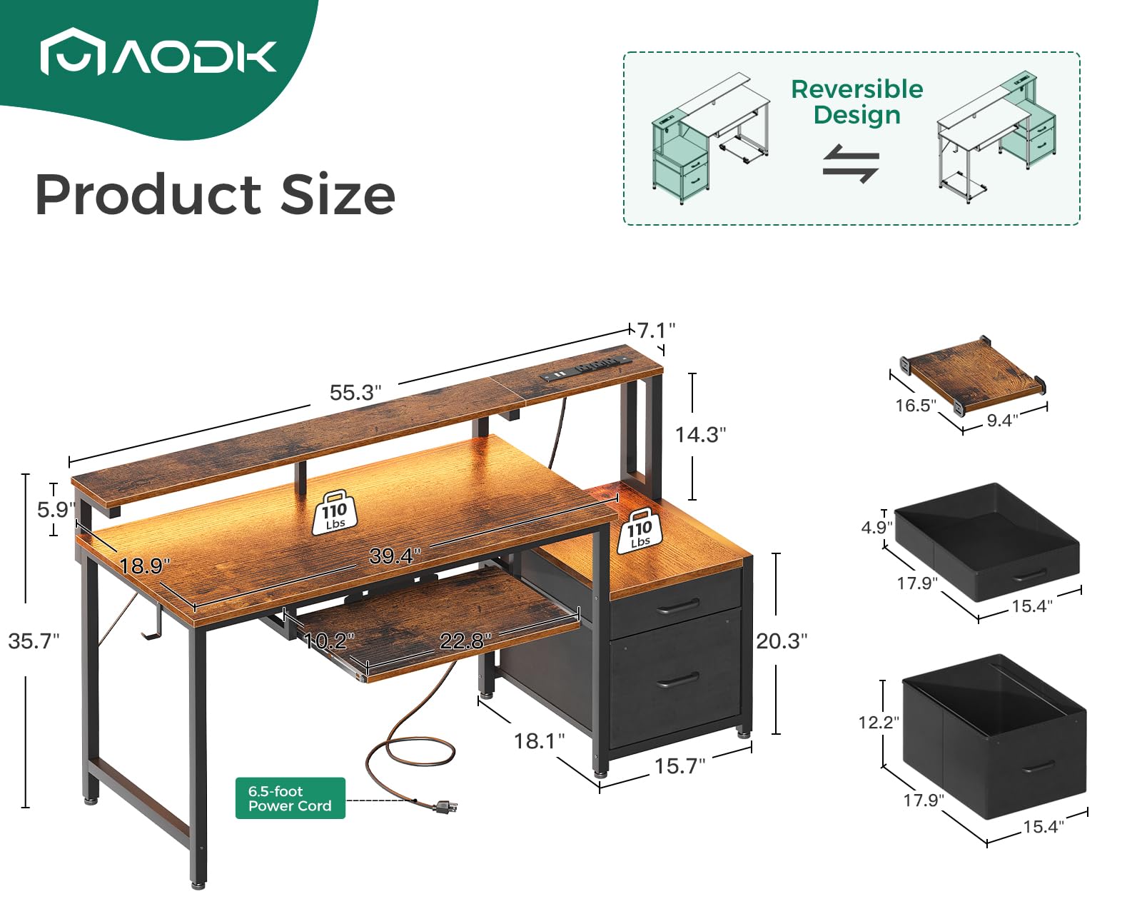 AODK 55 Inch Modern Computer Desk with Fabric File Cabinet & Drawers - Reversible Office Desk with Built-in Power Outlet & LED Lighting - Study Desk with Printer Stand, Keyboard Tray & Monitor Riser - Vintage Style Home Office Furniture for Small Spaces & Gaming Setups