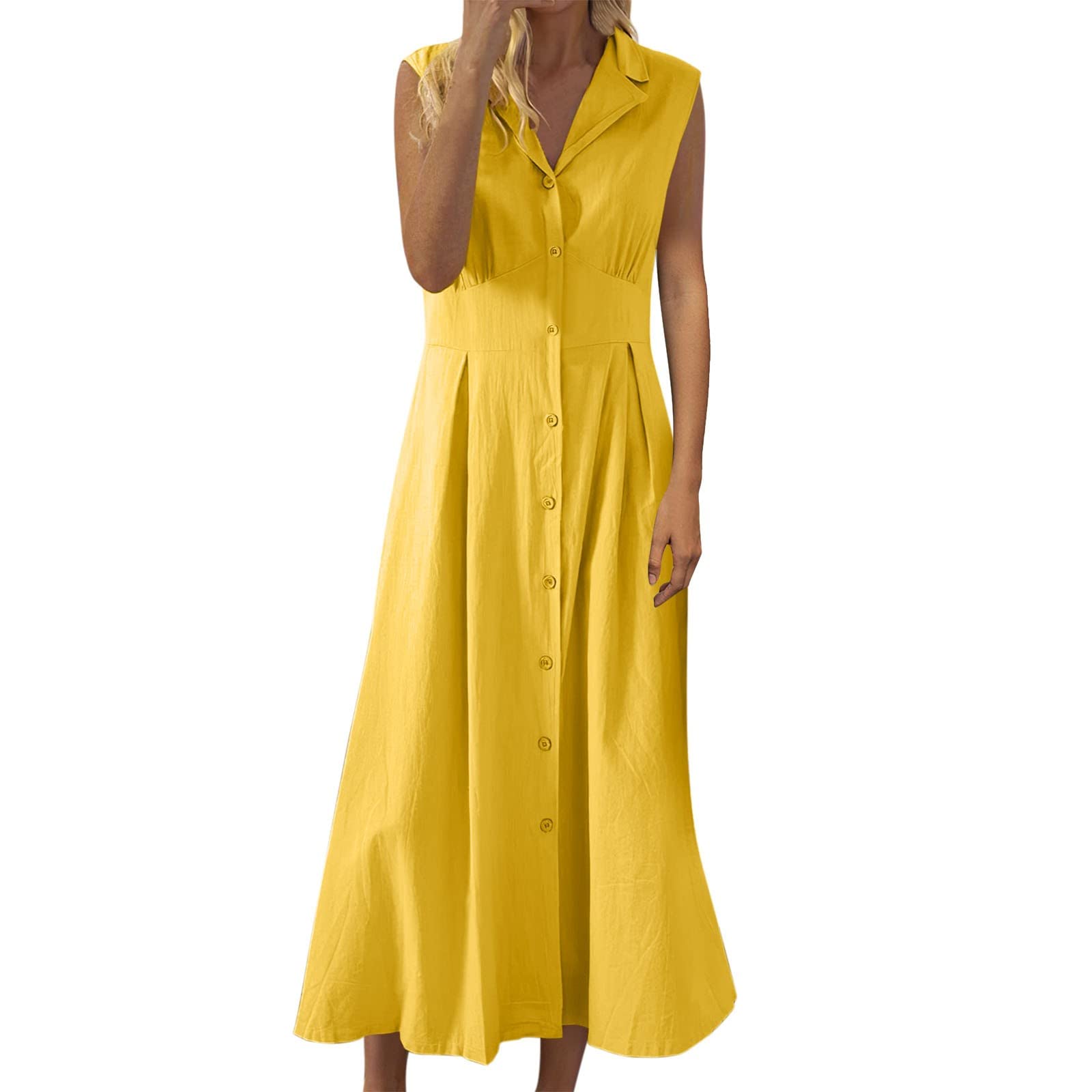 Women's Summer A-Line Dress - Casual Sleeveless Lapel Midi Dress with Button Front & Side Slit | Perfect for Beach Outings, Date Nights & Summer Vacations