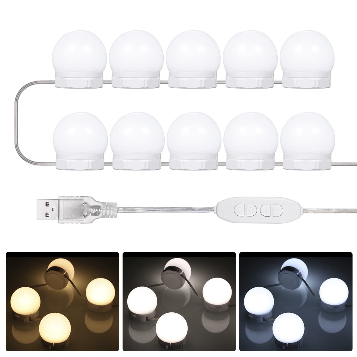 Hollywood Style Vanity Mirror Lights Kit - 10 Dimmable LED Bulbs with 3 Color Modes (Warm/White/Cool) for Dressing Room, Bathroom, Makeup Studio - Perfect for Professional Makeup Application & Home Decor Lighting