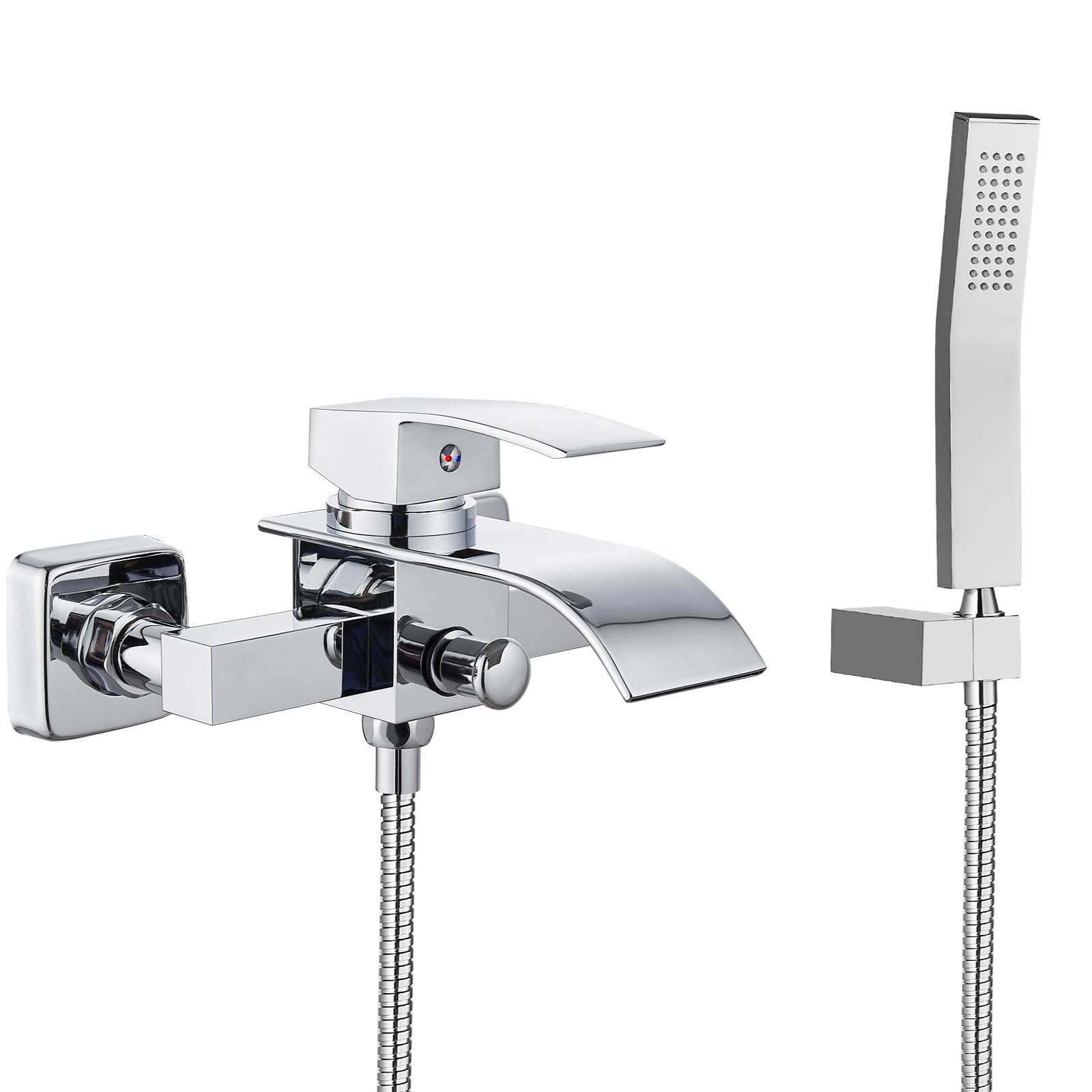 Midanya Wall Mount Bathtub Faucet with Handheld Shower - Waterfall Tub Filler Single Handle Bathroom Mixer Tap - Polish Chrome Finish - Perfect for Spa, Hotel & Luxury Home Bathrooms