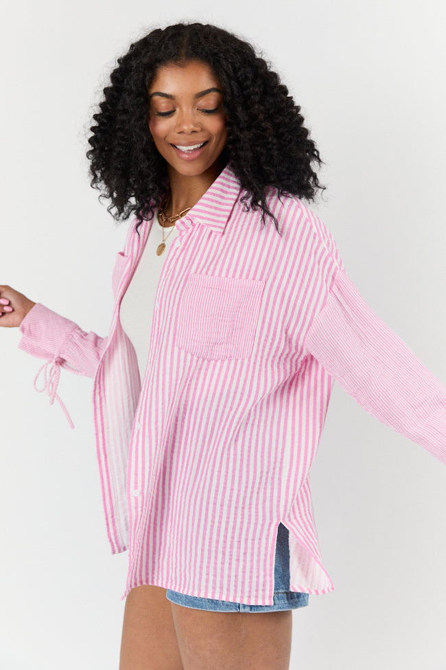 Daybreak Dreams Women's Pink Gauze Button Down Shirt - Soft & Breathable Multi-Stripe Blouse for Casual Wear, Office & Summer Outfits