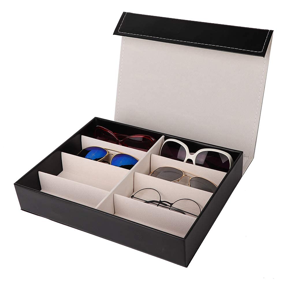 8 Grid Leather Sunglass & Jewelry Storage Organizer - Eyeglass Display Case for Rings, Earrings - Perfect for Travel, Home Decor & Retail Store Display