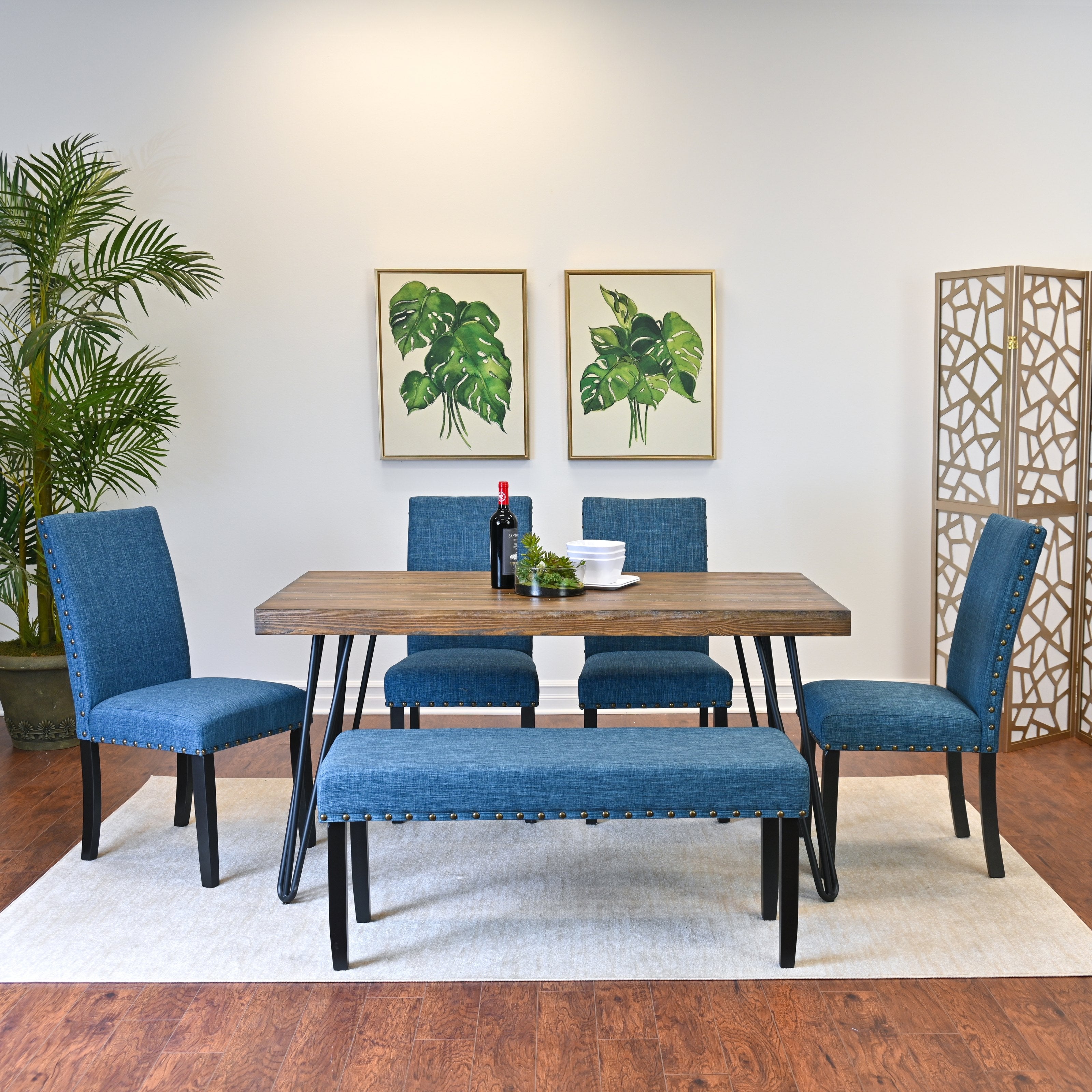 Roundhill Furniture Amisos 6-Piece Dining Set with Hairpin Leg Table, 4 Chairs & Upholstered Bench - Modern Kitchen & Dining Room Furniture for Family Gatherings