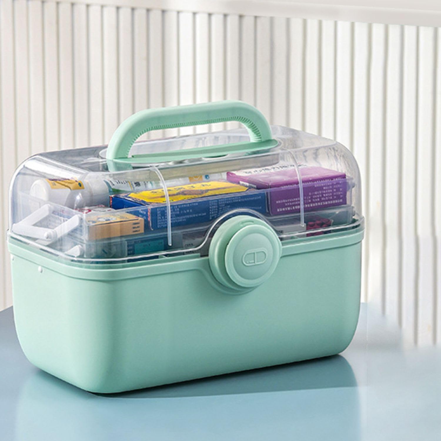 3-Tier Foldable Plastic Medical Storage Organizer with Removable Pill Cases - Portable First Aid Kit Box for Medicine, Art Supplies & Emergency Storage - Green (Ideal for Home, Travel & Emergency Preparedness)