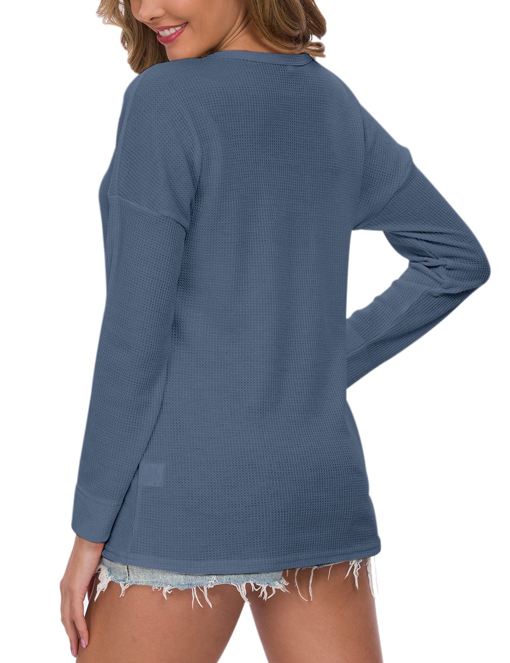MOLERANI Women's Waffle Knit Tunic Top - Loose Fit Long Sleeve Button Up V-Neck Henley Shirt for Casual Wear, Work & Fall Outfits