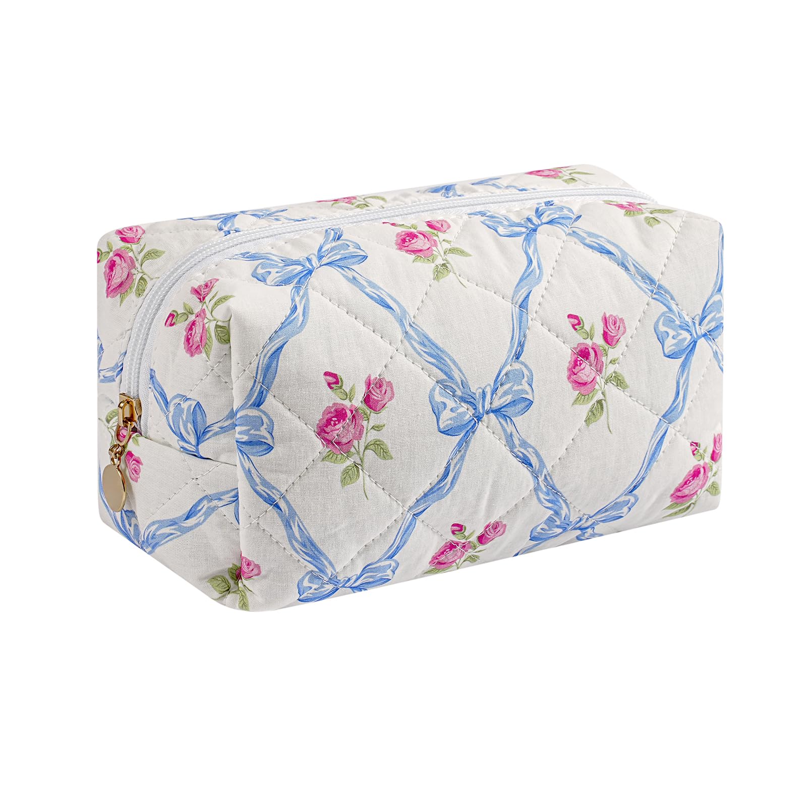 Quilted Cotton Makeup Bag with Bow - Travel Cosmetic Organizer for Women | Portable Toiletry Pouch for Girls (Blue)