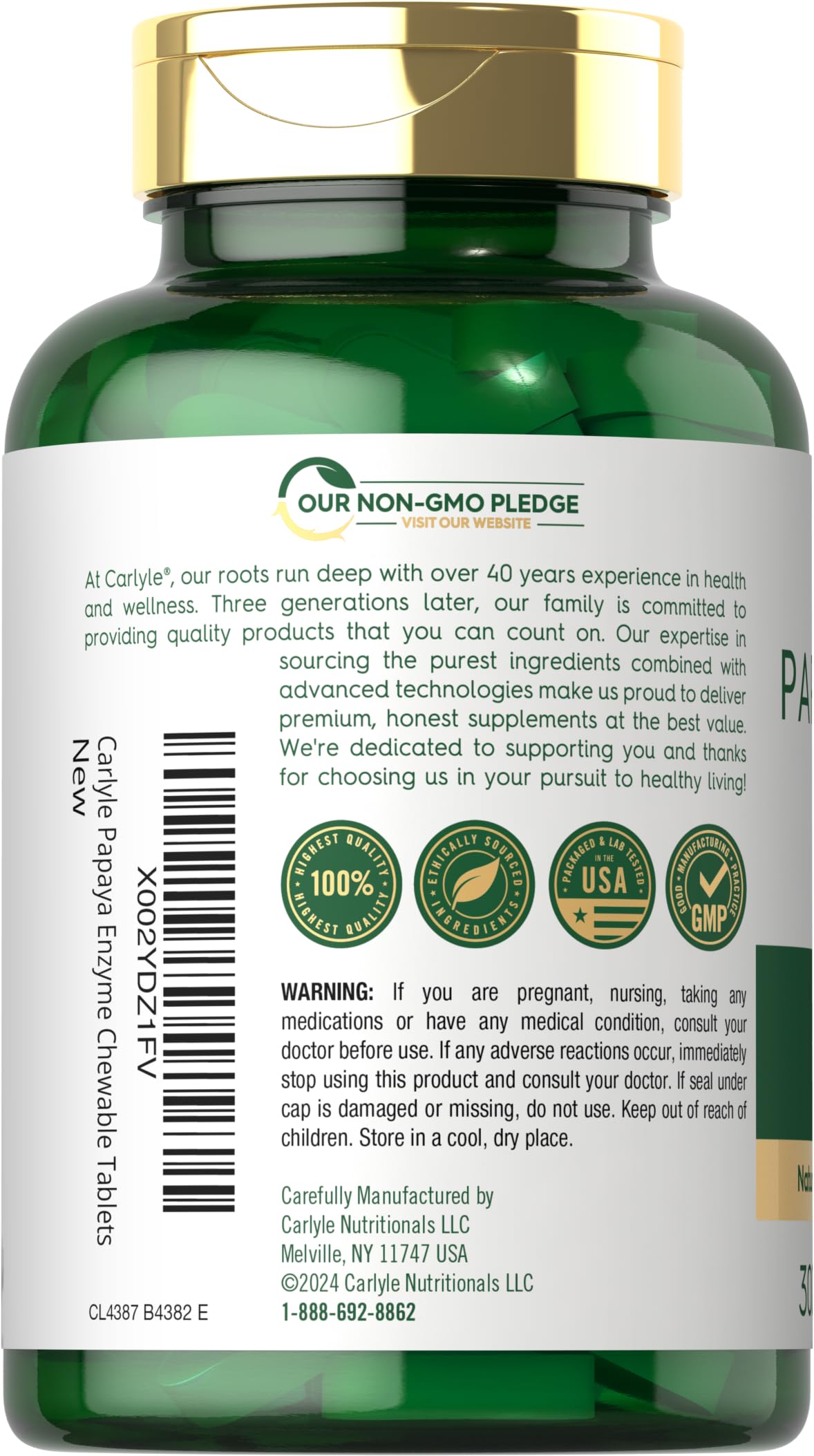 Carlyle Papaya Enzyme Chewable Tablets 60 Count | Vegetarian, Non-GMO, Gluten Free Digestive Support | Tropical Fruit Flavor for Heartburn Relief & Bloating - Perfect for After Meals & Travel
