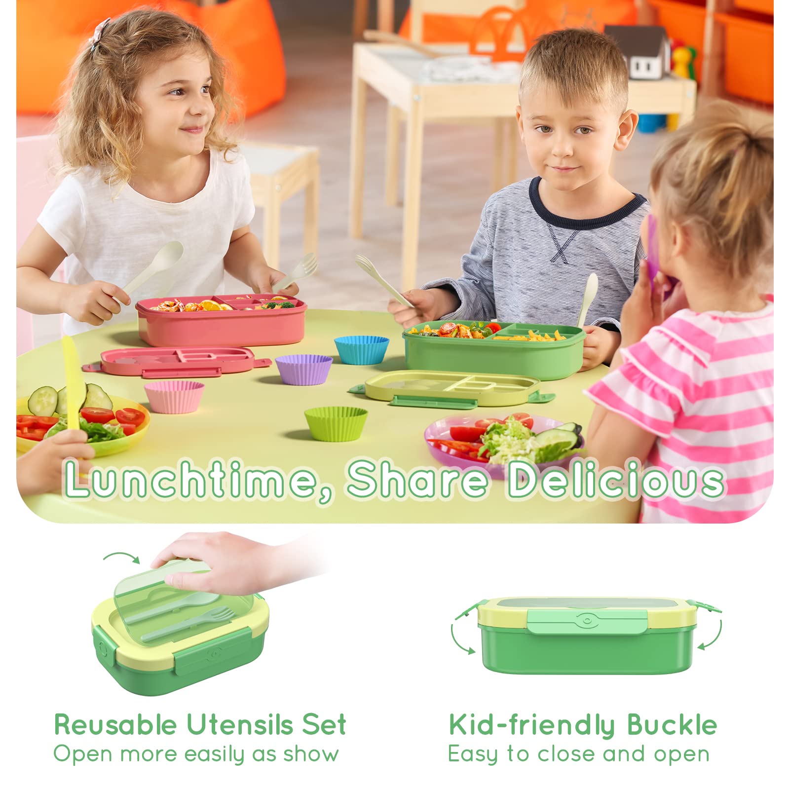 Leakproof 44oz Bento Lunch Box for Kids - 4 Compartment BPA-Free Reusable Food Container with Cutlery - Perfect for School Meals, Snacks, Picnics & Travel (Green)