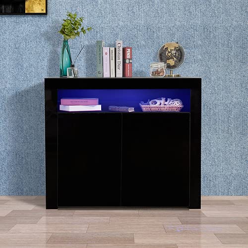 Modern Black High Gloss LED Sideboard Storage Cabinet - Wooden Buffet TV Stand with 2 Doors for Living Room, Kitchen, Dining Room & Hallway - Perfect for Home Decor & Entertainment Storage