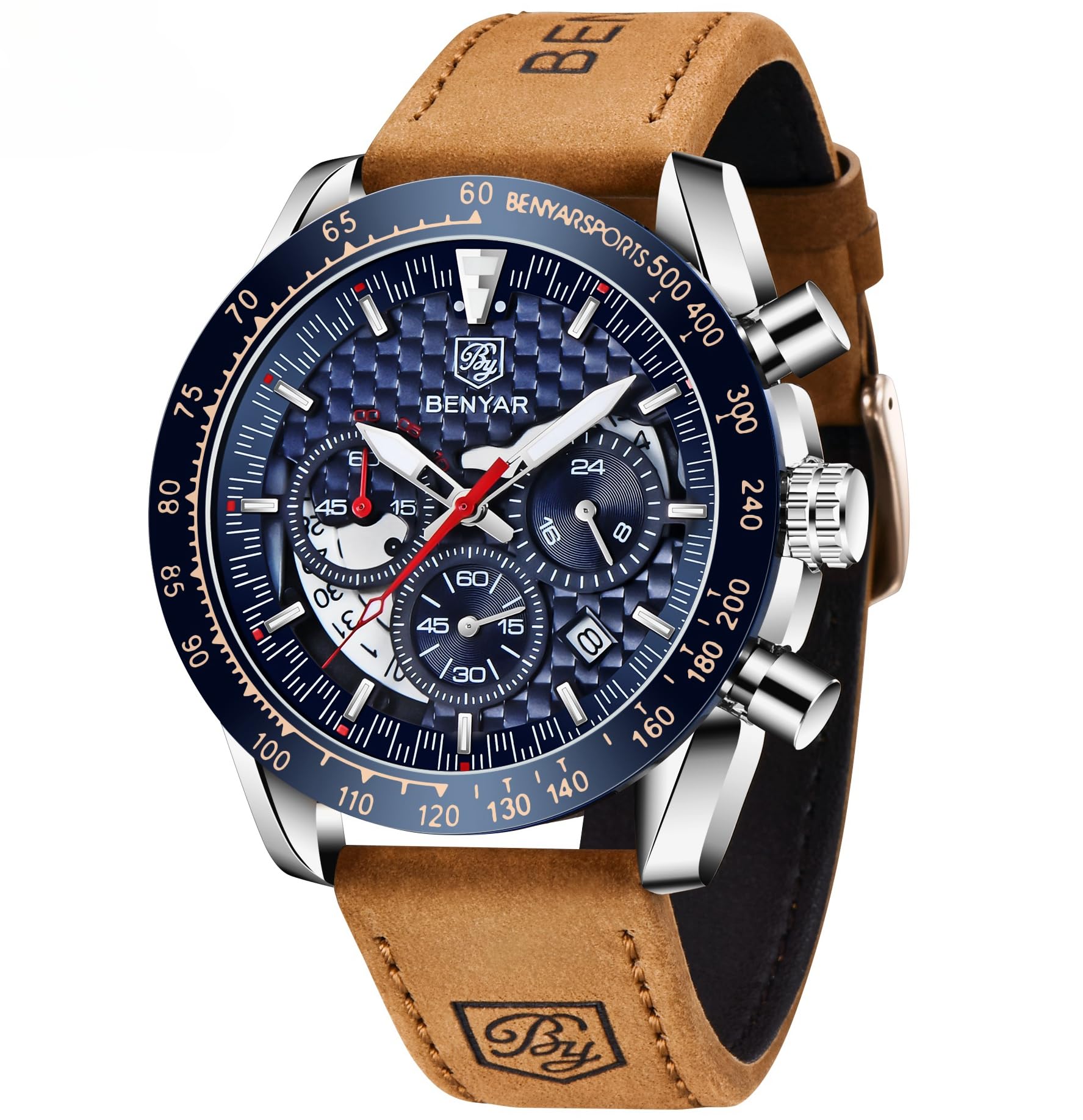 BENYAR Men's Sports Chronograph Watch - Analog Quartz, Date Display, Waterproof 3ATM, Leather Strap - Stylish Business & Casual Wristwatch for Men | Perfect for Office, Daily Wear & Outdoor Activities