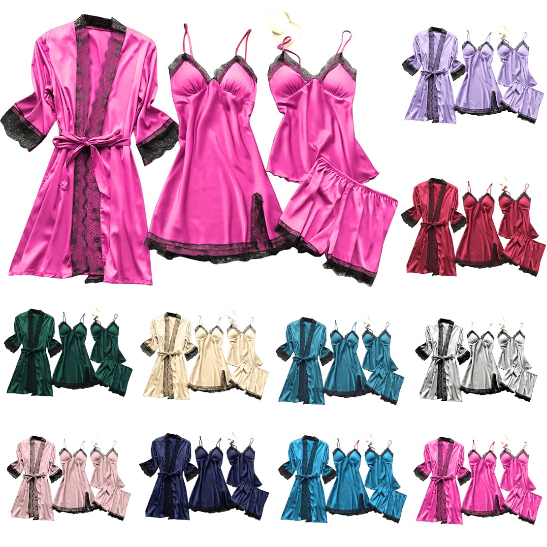 4PCs Women's Silk Satin Pajama Set - Sexy Lace Trim Sleepwear with Cami Top & Robe - Exotic Nightgowns for Valentine's Day, Anniversary Gift & Boudoir Lingerie