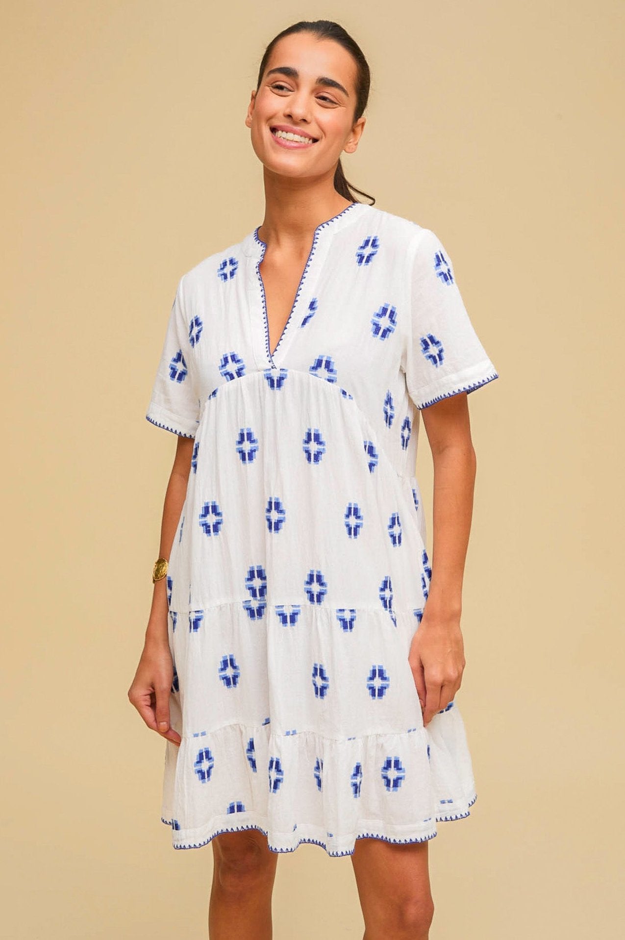 Handmade Indian Embroidered Organic Cotton Dress for Women - Breathable Summer Maxi Dress in White & Blue | Perfect for Beach Vacations, Boho Festivals & Casual Outings
