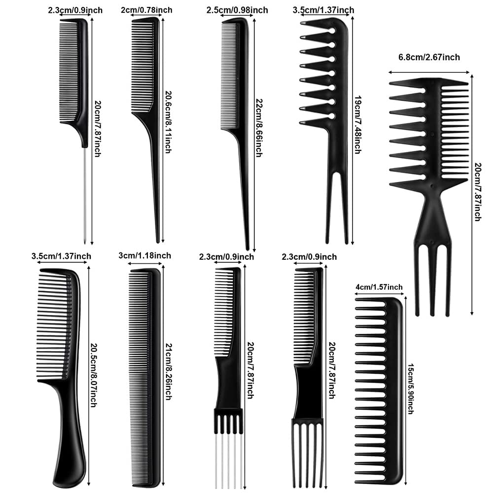 10-Piece Professional Hair Comb Set - Plastic Styling Combs Kit with Rat Tail, Wide Tooth, Detangling Combs & Hair Paddle Brush - Unisex Barber Tools for All Hair Types - Perfect for Salon, Home Styling & Travel