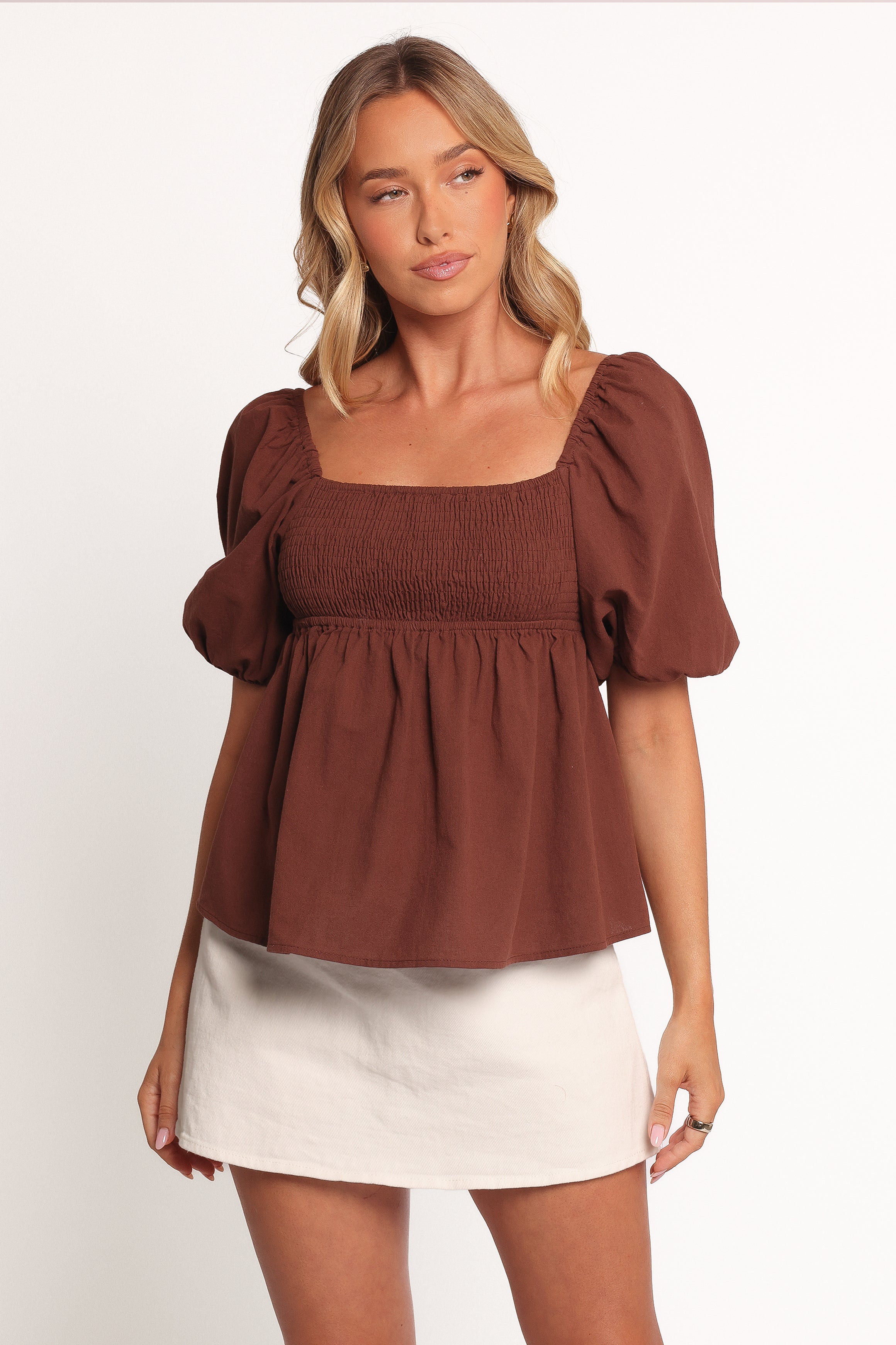 Jemima Women's Puff Sleeve Blouse in Chocolate Brown - Elegant Casual Top for Office, Date Night & Spring Outfits