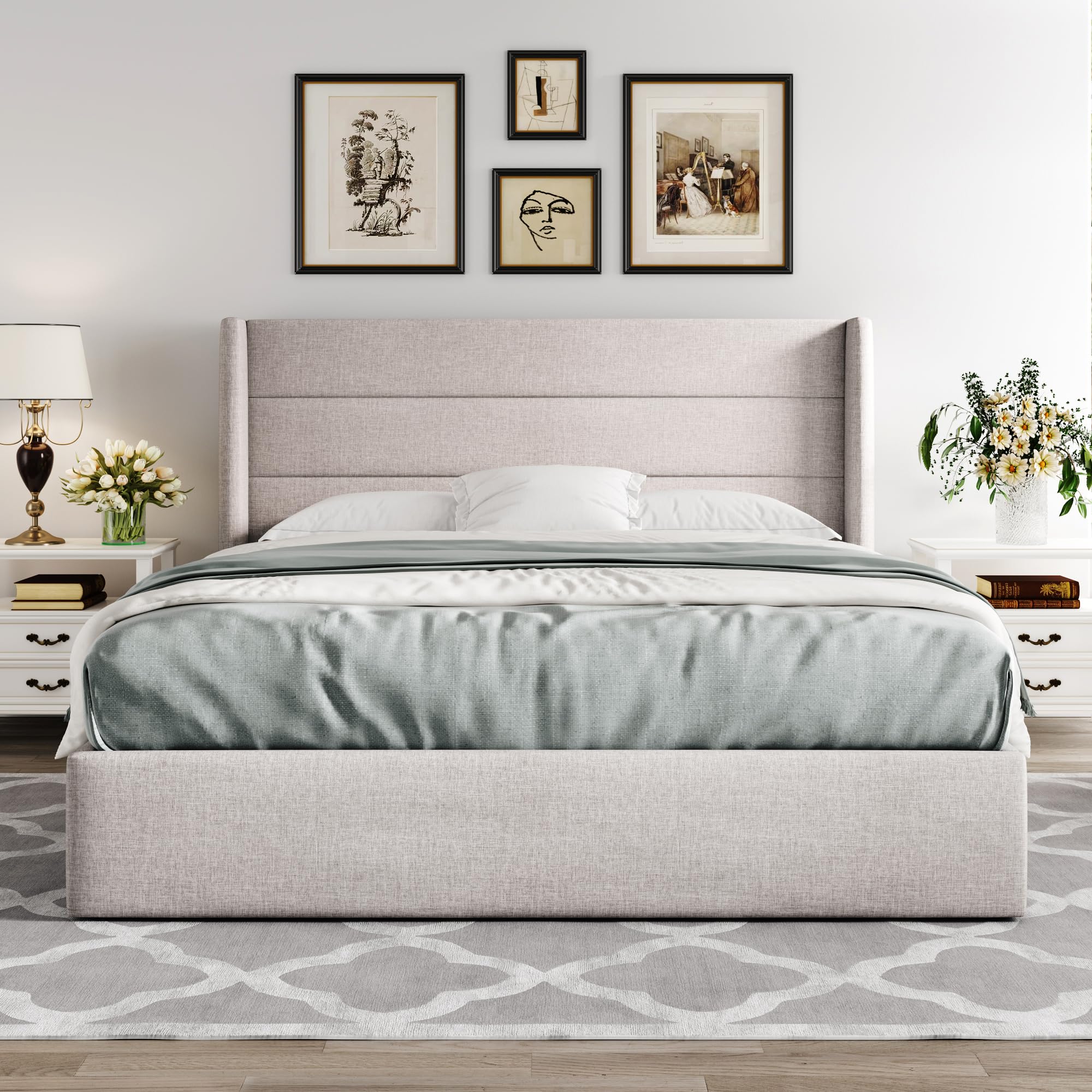 Allewie Full Size Lift Up Storage Bed with Modern Wingback Headboard - Hydraulic Support, No Box Spring Needed, Light Beige - Perfect for Small Bedrooms, Guest Rooms & Space-Saving Solutions