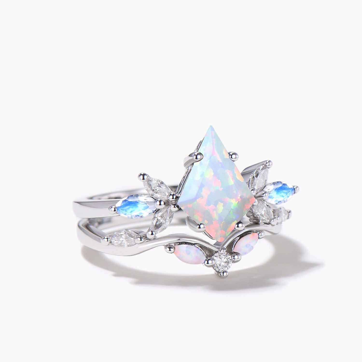 Elegant Kite Cut White Opal Engagement Ring with Moonstone Cluster - Vintage Bridal Wedding Ring Set for Women - Perfect for Proposals, Anniversaries & Romantic Occasions