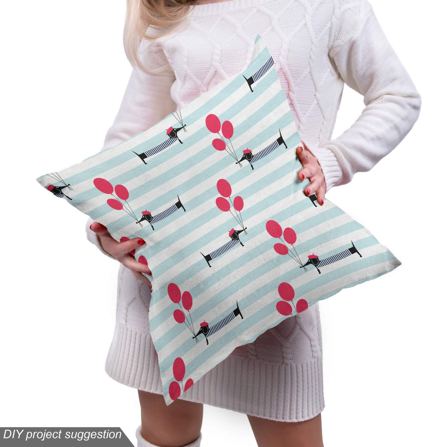 Ambesonne Dachshund Fabric by The Yard - Dog Wearing Beret & Shirt Holding Balloons on Striped Background - Decorative Upholstery Fabric for Sofa, Curtains & Home Decor (3 Yards, Vermilion Pale Blue) - Perfect for DIY Pillows, Quilts & Craft Projects