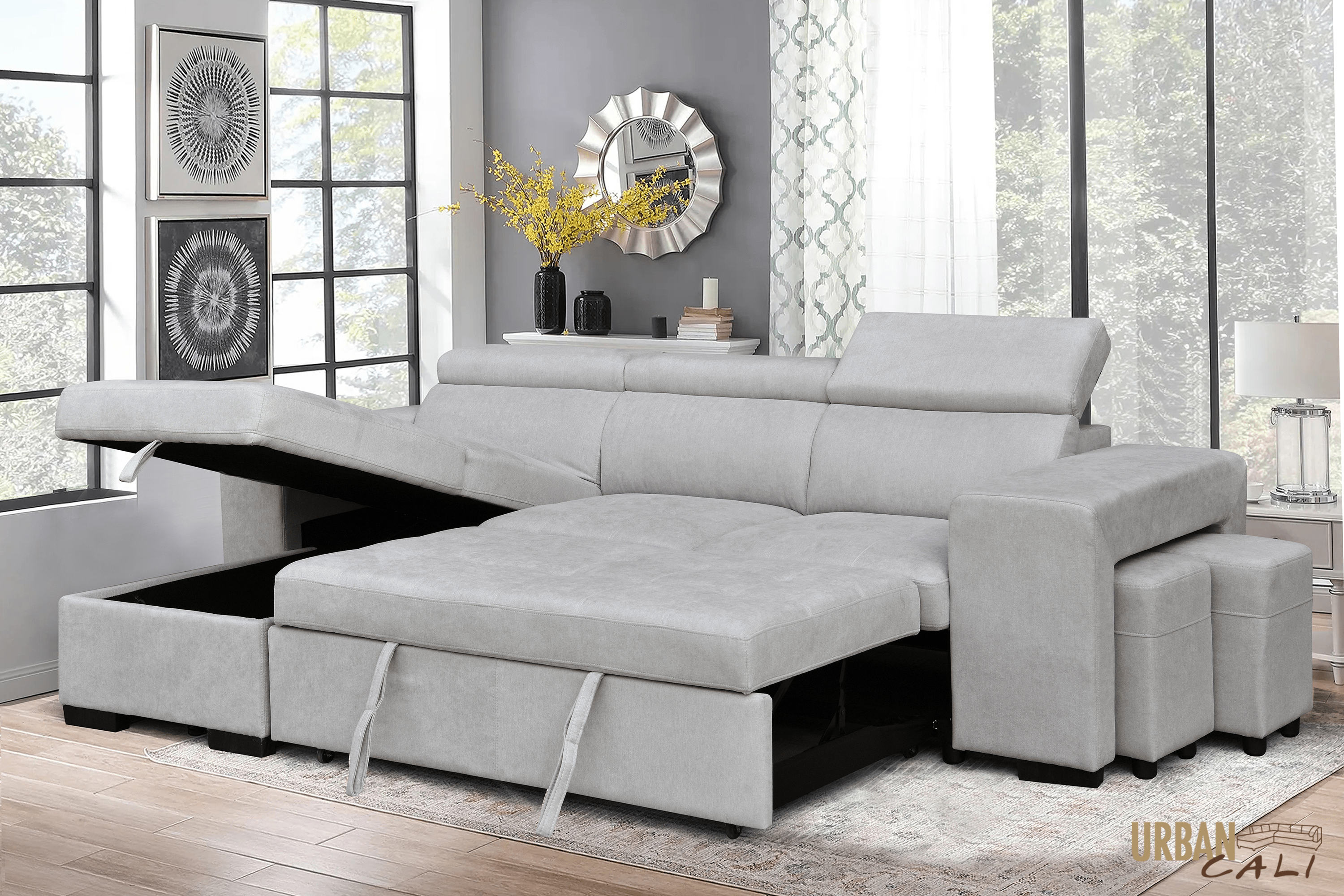 Sonoma Sleeper Sectional Sofa Bed with Reversible Storage Chaise & 2 Stools - Grey Canvas Fabric | Perfect for Small Spaces, Guest Rooms & Multi-Functional Living Areas