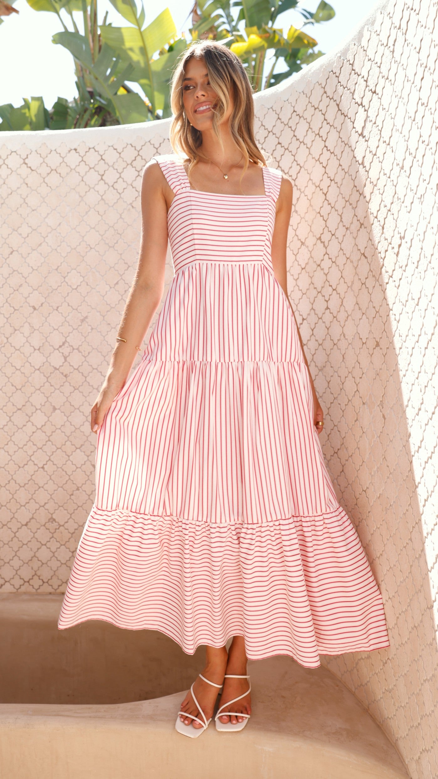Laylah Maxi Dress - Red Stripe Floral Print Long Summer Dress for Women | Perfect for Beach Vacations, Parties & Casual Outings