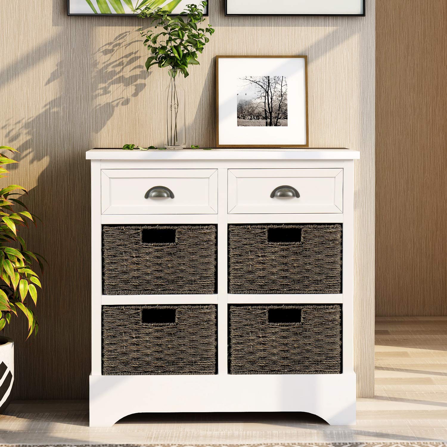 Rustic Wooden Nightstand with Rattan Baskets - Bedside Table for Living Room & Bedroom