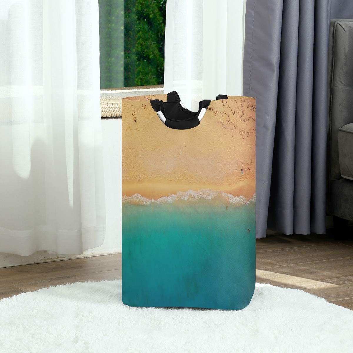 AUUXVA Large Collapsible Laundry Basket with Handles - Ocean Beach Themed Storage Hamper for Clothes & Toys - Perfect for Bathroom, Bedroom, Office & Dorm Organization
