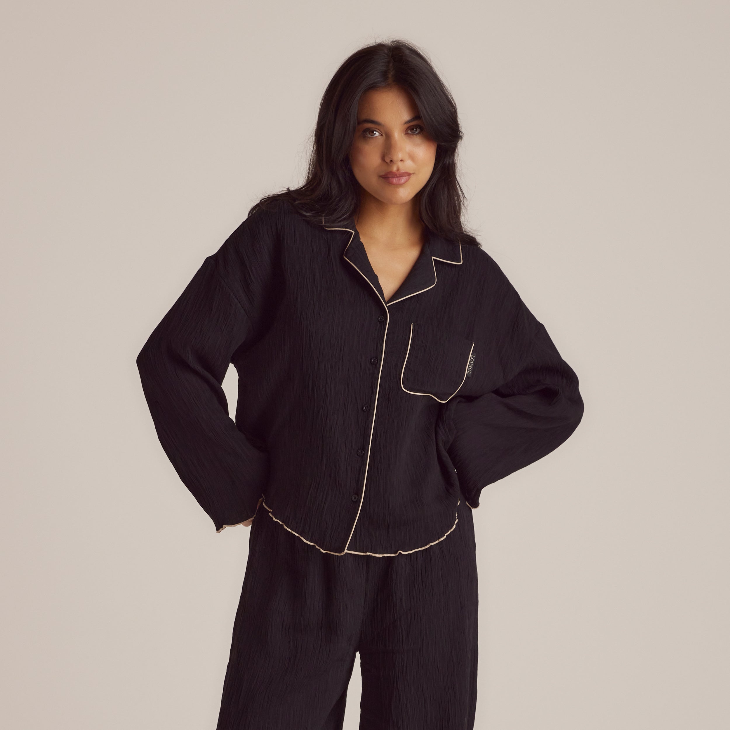 Crinkle Pyjama Shirt for Women - Soft & Comfortable Black Sleepwear - Perfect for Lounge, Sleep & Relaxation at Home