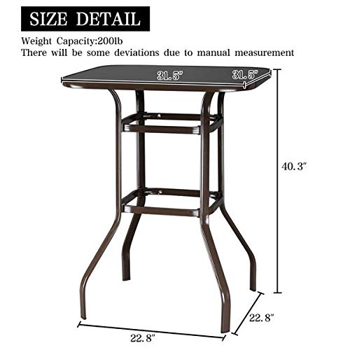 Rustic Wrought Iron and Glass High Bar Table - Brown Patio Bar Height Table for Outdoor Dining, Kitchen Island, or Pub Setting