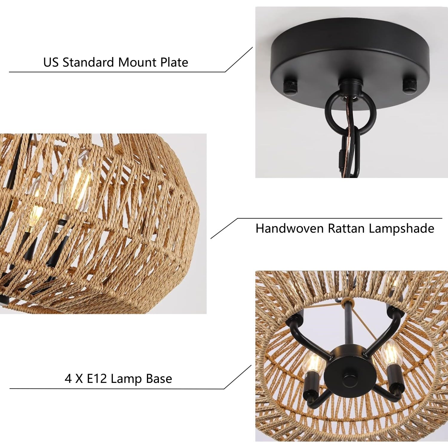 SEIHONG 4-Light Boho Rattan Pendant Light - Hand Woven Wicker Chandelier Lighting Fixture for Farmhouse, Dining Room, Kitchen Island, Living Room & Foyer | Perfect for Rustic, Coastal & Bohemian Home Decor