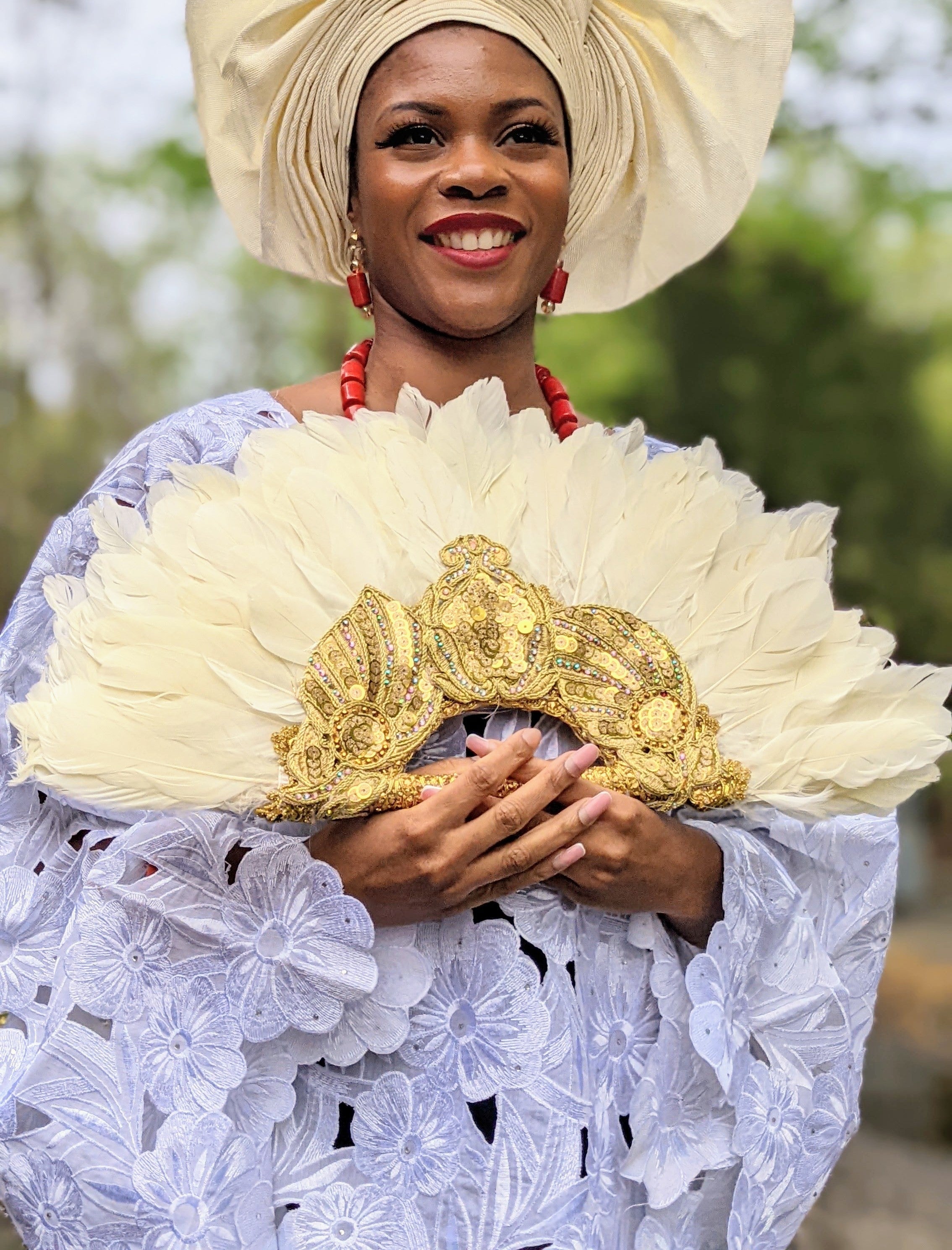 Elegant African Wedding Feather Fan with Glittering Stones & Gold Embellishments - Perfect for Bridal Accessories, Cultural Celebrations & Photo Shoots | Cream Olatomi DPFCG43