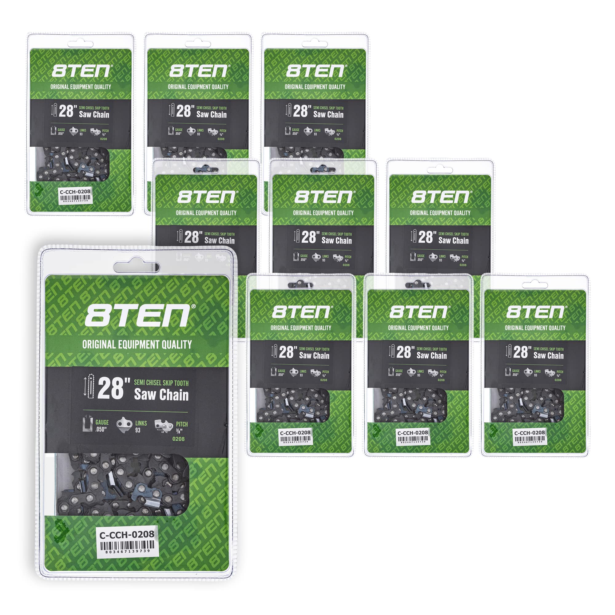 8TEN Semi Chisel Skip Tooth Chainsaw Chain 28 Inch .050 Gauge 3/8 Pitch 93DL - Compatible with Echo CS-600P, Husqvarna 372XP, Jonsered (10 Pack) - Ideal for Professional Logging, Tree Trimming, and Firewood Cutting