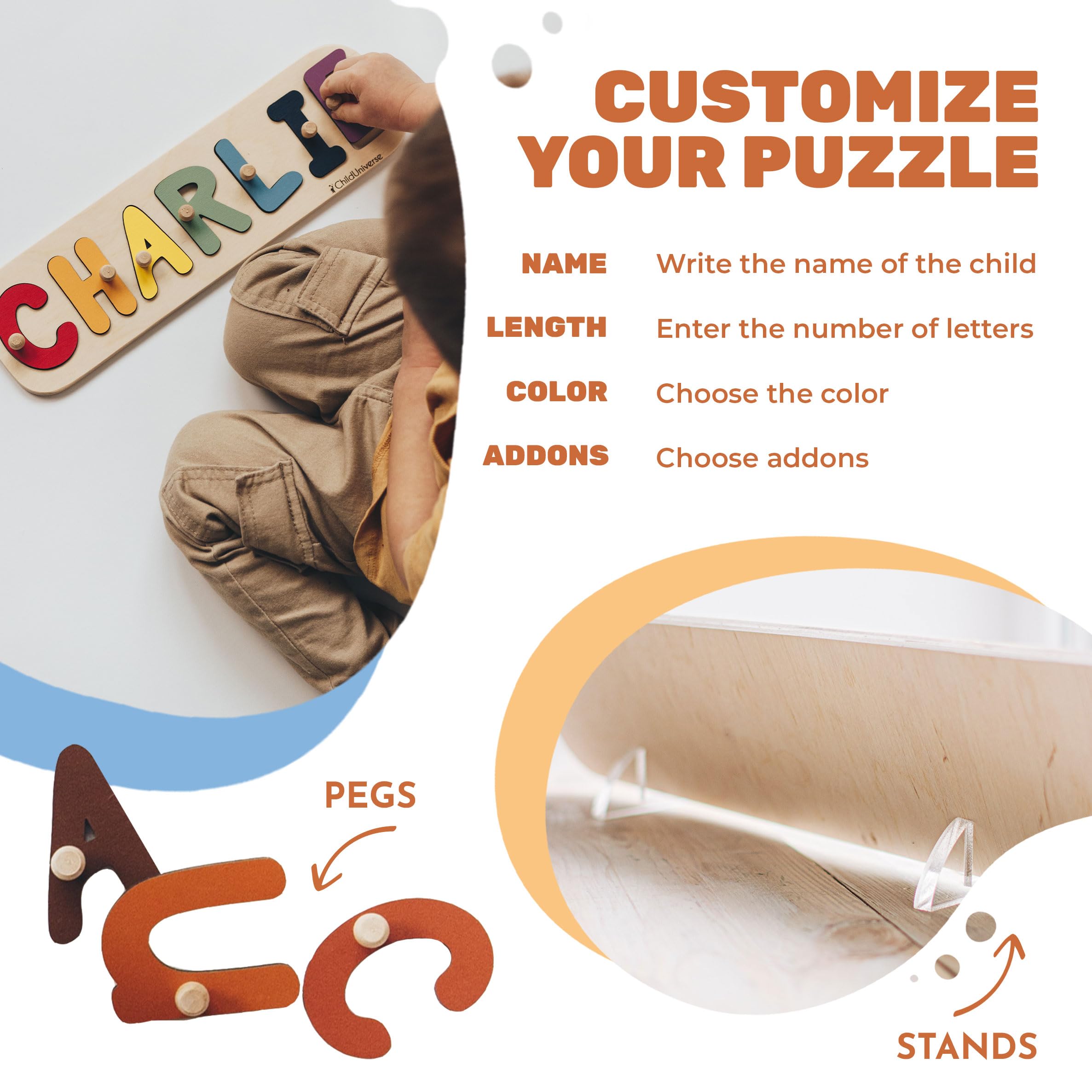 Personalized Wooden Name Puzzle for Toddlers 1-3 Years Old - Custom Baby Gift for Boys & Girls - Montessori Learning Toy & Nursery Room Decor - Perfect for Birthdays, Baby Showers & Early Childhood Education