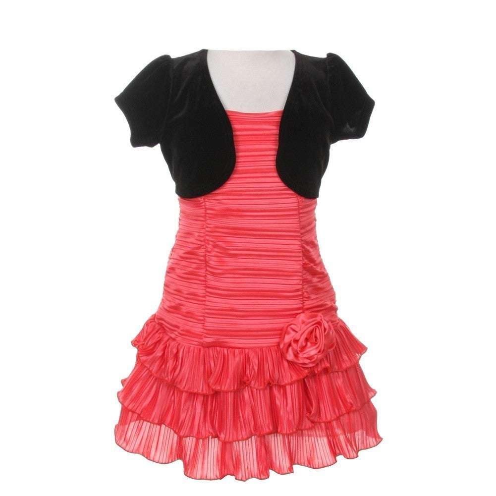Coral Black Pleated Tiered Velveteen Bolero 2-Piece Dress Outfit for Big Girls (Size 8-14) - Perfect for Parties, Weddings & Special Occasions