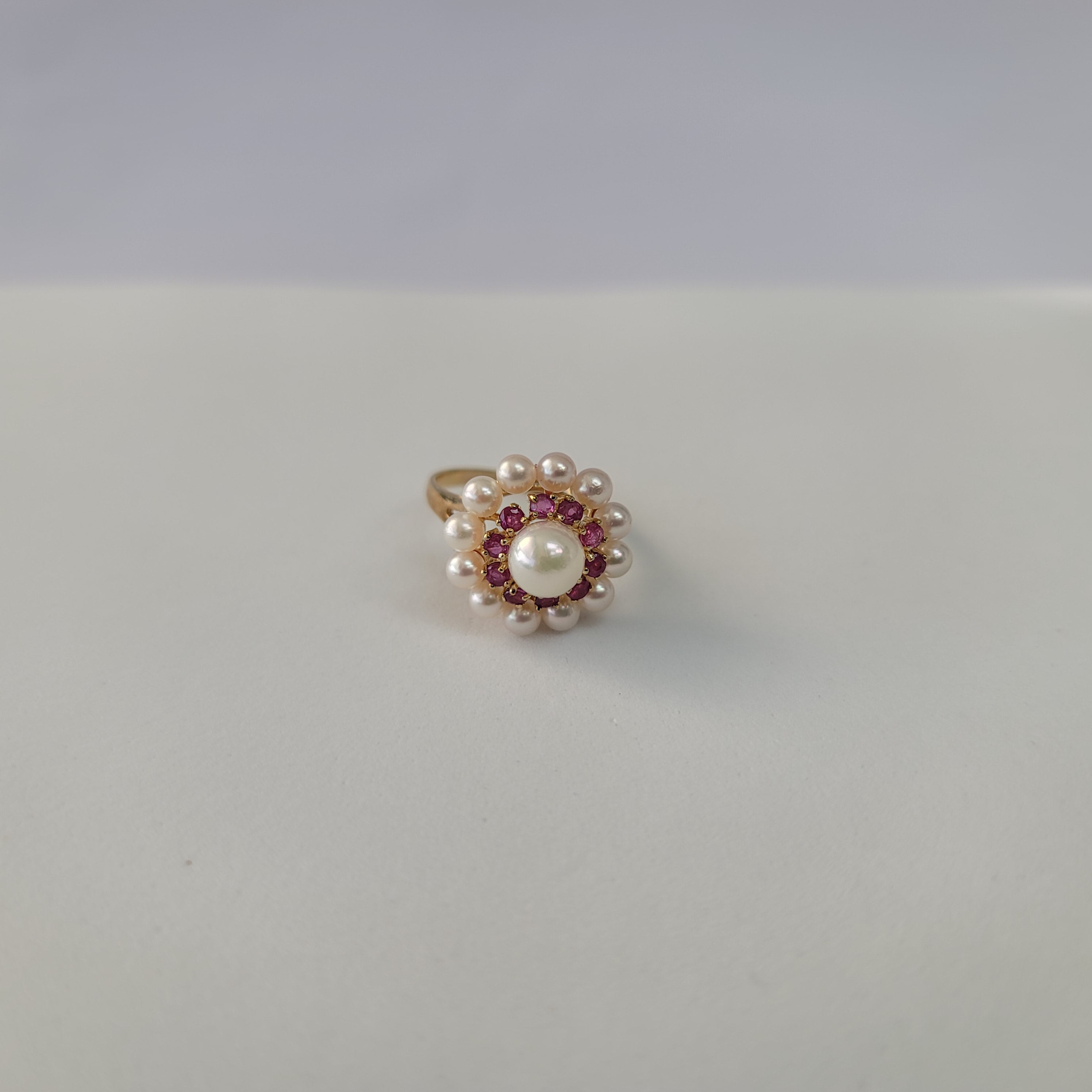 14k Yellow Gold Double Halo Pearl & Ruby Ring with 7MM Pearl - Elegant Jewelry for Weddings, Anniversaries & Special Occasions