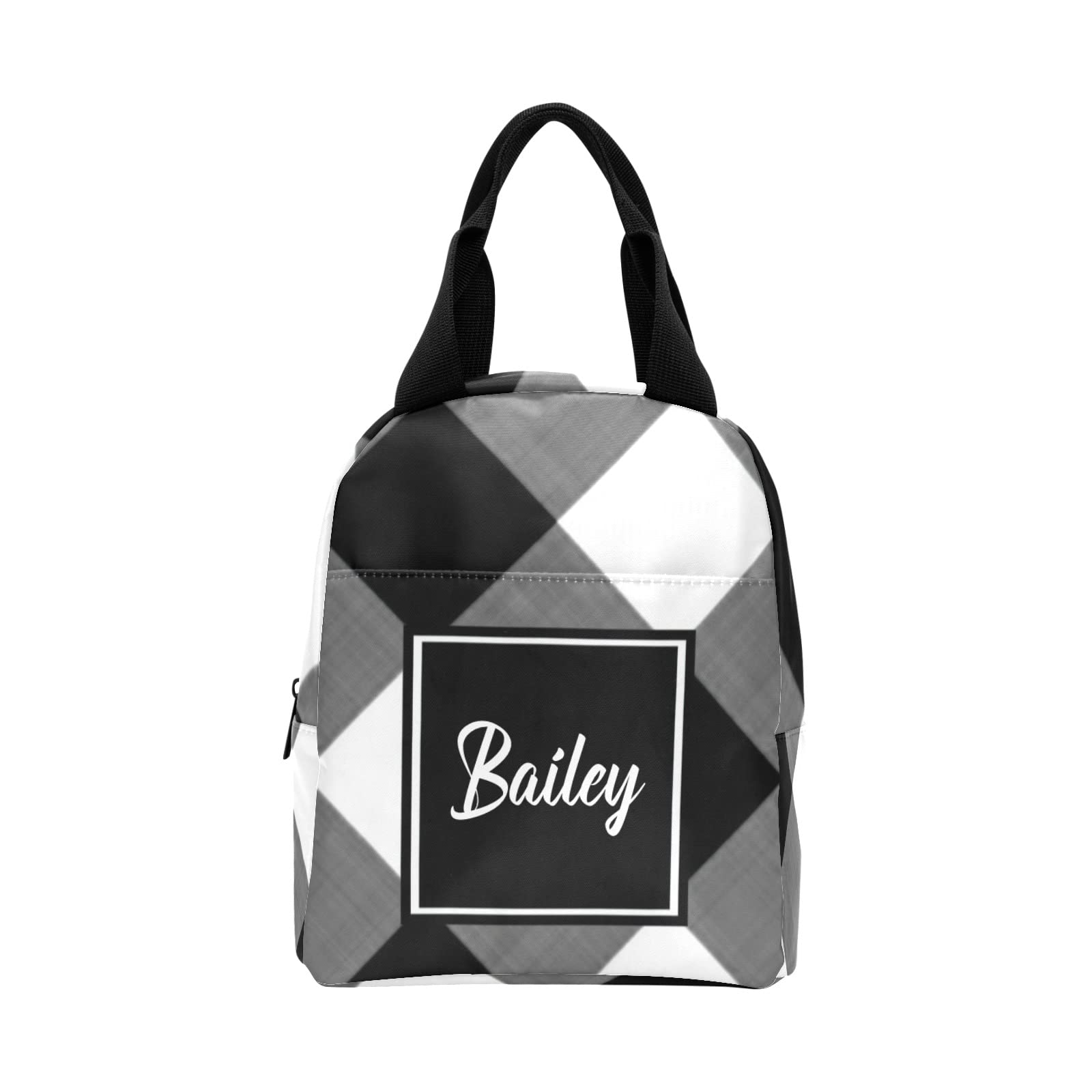 Personalized Insulated Lunch Box with Name Pockets - Black & White Grid Design - Reusable Cooler Bag for School, Office, Camping & Travel - Perfect Lunch Container for Kids & Adults