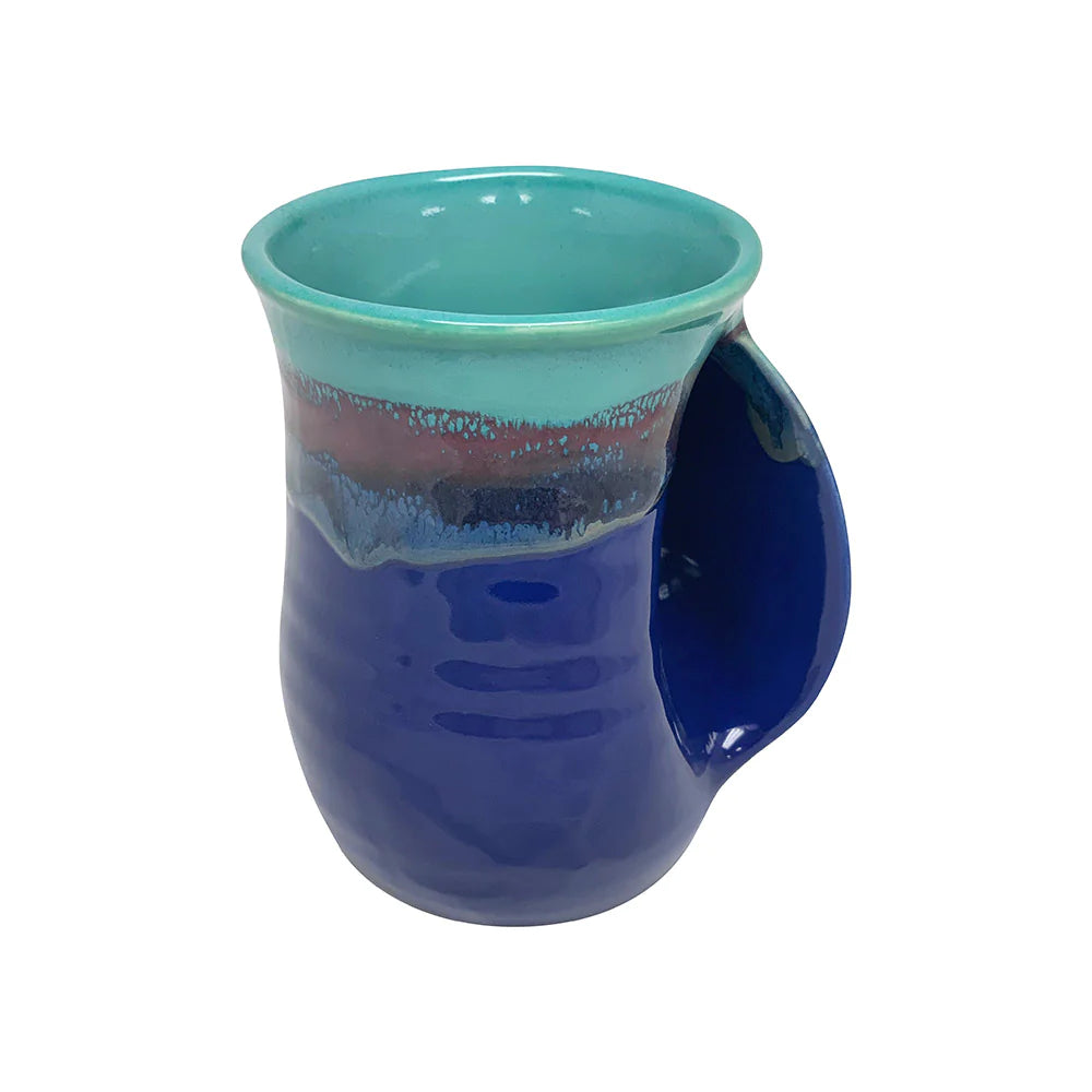 Clay in Motion Handwarmer Mug - Right Handed Ceramic Coffee Cup with Ergonomic Handle (Mystic Waters Design) - Perfect for Office, Camping & Winter Warmth