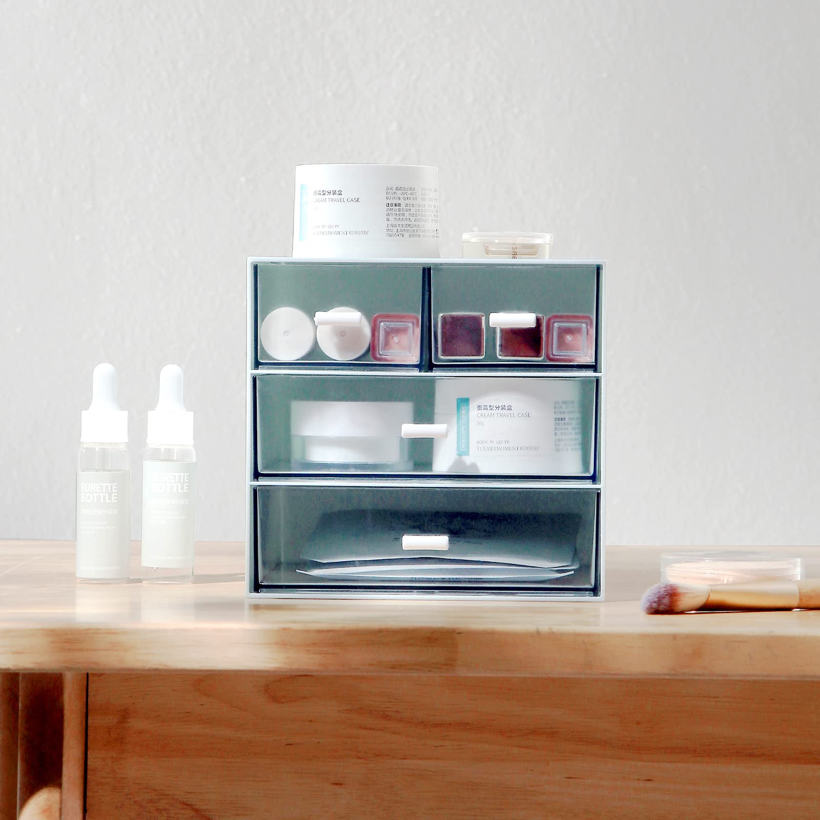 4-Drawer Makeup Organizer & Desk Organizer - Cosmetic Storage Box for Vanity, Bathroom Counter or Dresser - Blue (QBH-4CT-2) - Perfect for Organizing Cosmetics, Jewelry & Small Bathroom Essentials