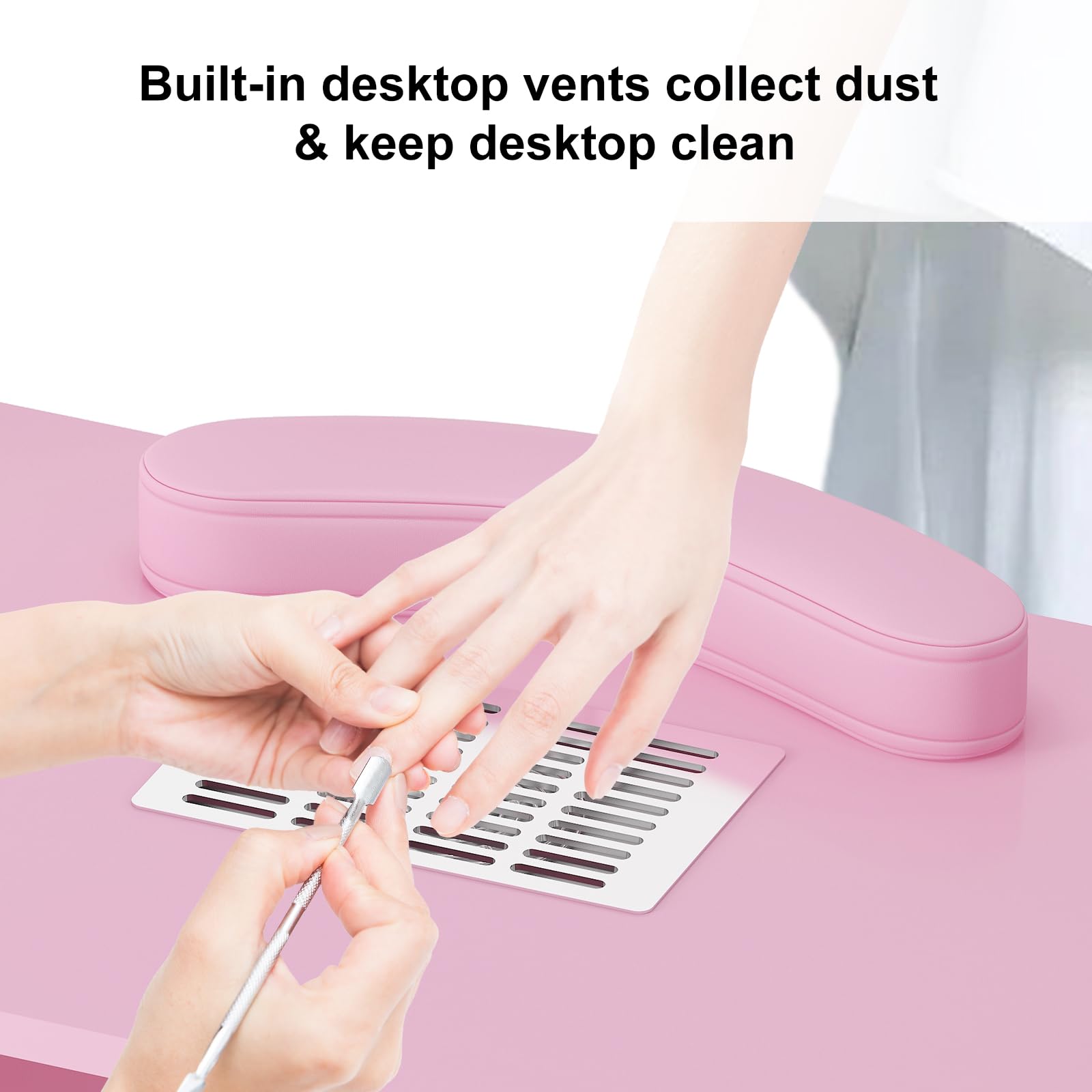 Professional Manicure Table for Nail Technicians - Pink Nail Salon Table with Side Cabinet, Large Drawers, Wrist Cushion & Built-in Dust Collector | Perfect for Nail Salons, Home Studios & Mobile Nail Services