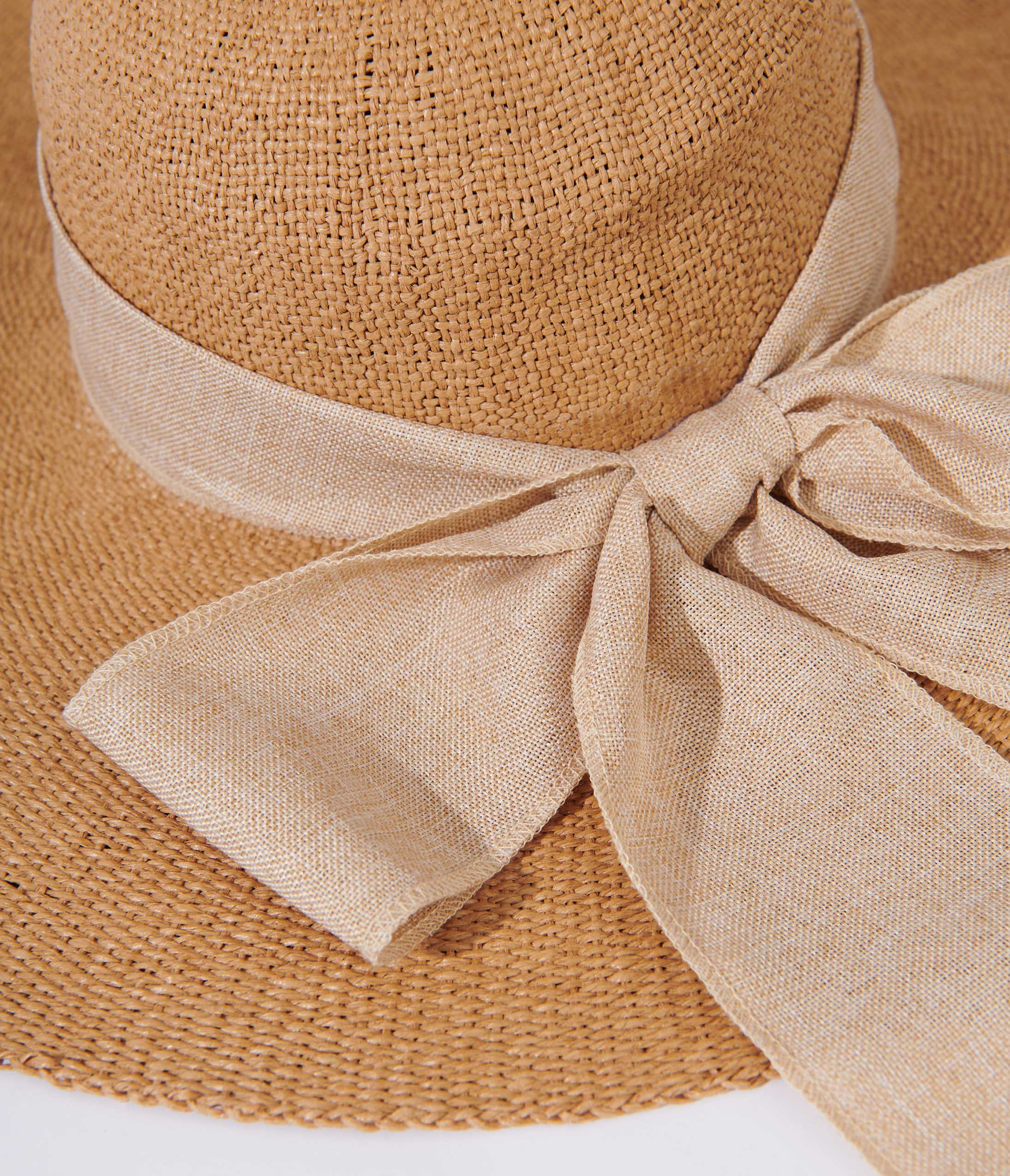 Stylish Tan & Beige Bow Toyo Braid Sun Hat for Women - UV Protection Wide Brim Summer Beach Hat for Outdoor, Travel & Vacation