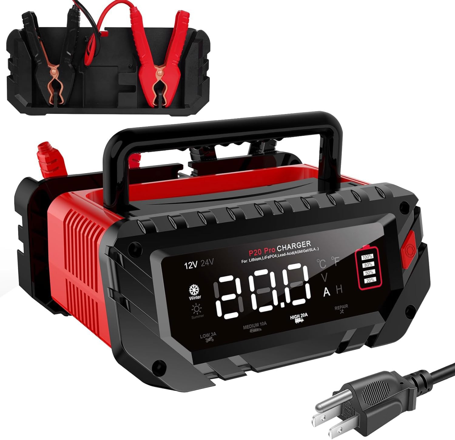 20A Smart Battery Charger 12V/24V - Fully Automatic Lithium/LiFePO4 Charger with Trickle & Pulse Repair - Car, Boat, Motorcycle, Lawn Mower Battery Maintainer - Perfect for Winter Storage & Seasonal Vehicle Maintenance