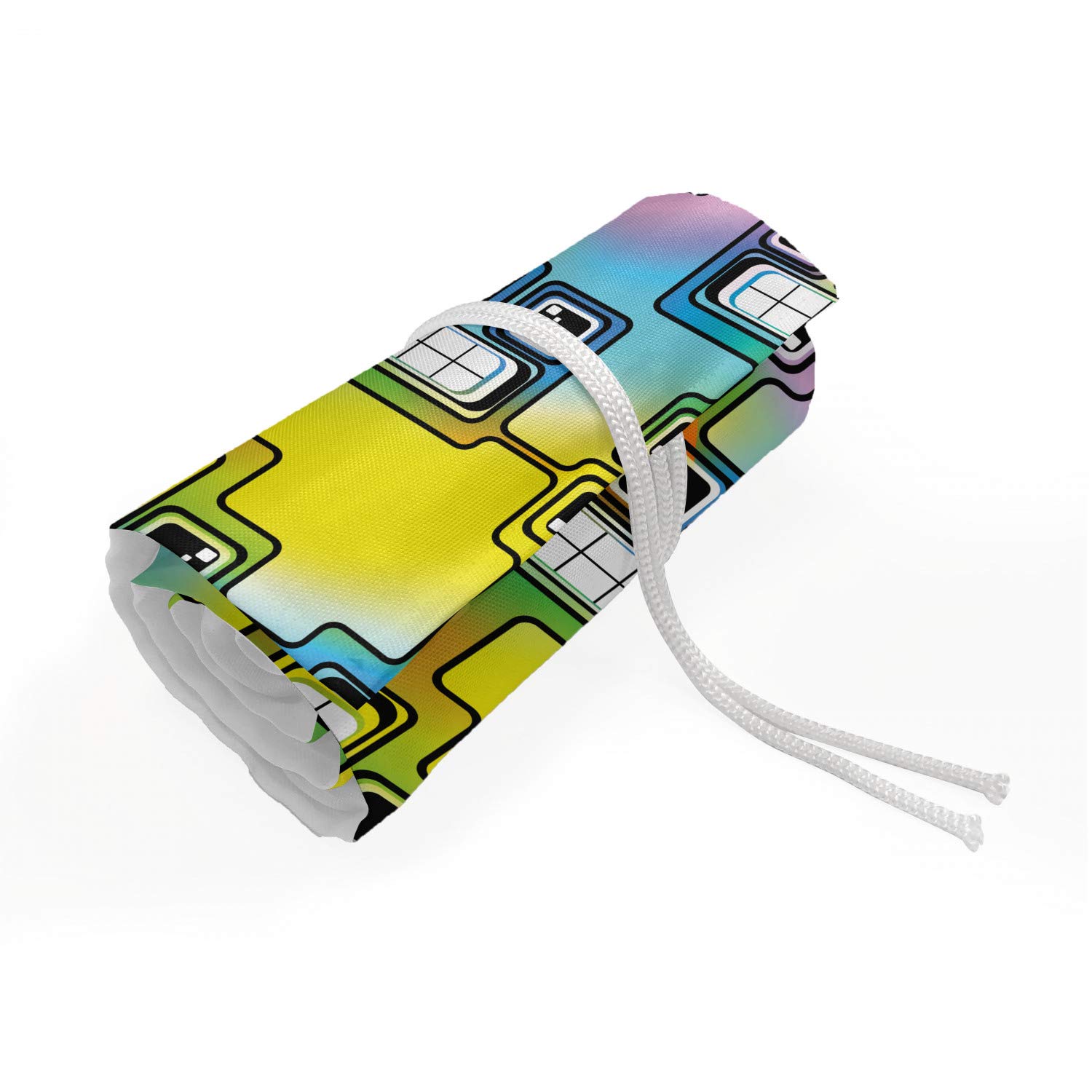 Ambesonne Colorful Roll Up Pencil Holder - 36 Loop Organizer for Artists & Students | Hippie Digital Art Pattern with Fun Characters | Perfect for Drawing, Painting & Video Game Enthusiasts | Multicolor Desktop Storage Solution