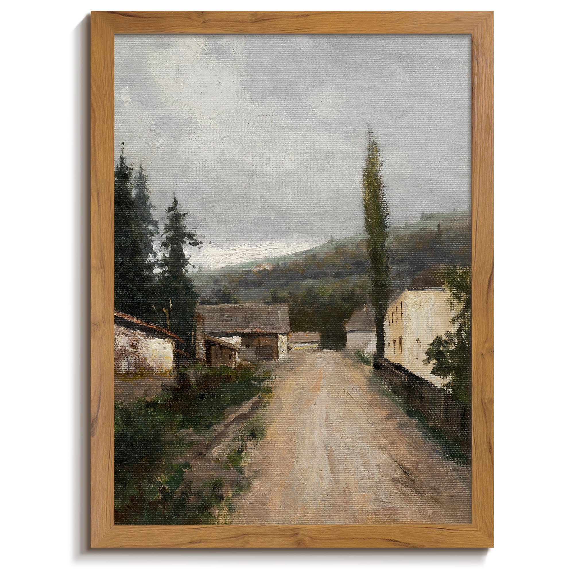 Vintage Country Road Canvas Wall Art - Framed Village Painting for Farmhouse, Cottage & Rustic Decor - 8x10 Inch Nature Scene for Living Room, Bedroom, Kitchen & Bathroom - Perfect for Cozy Home Aesthetics & Countryside Themed Interior Design